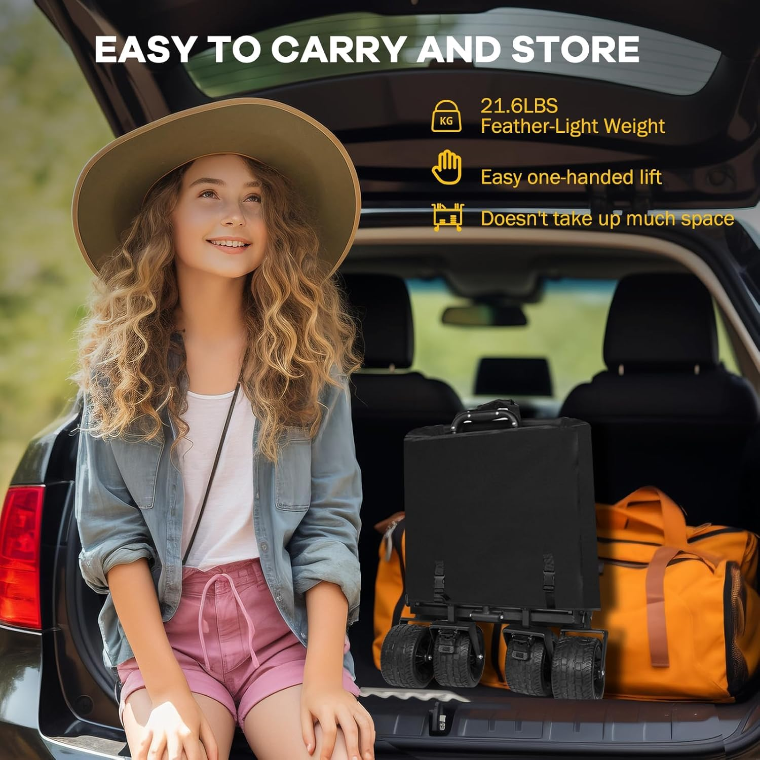 Foldable Wagon with Wheels, XICEN Portable Heavy Duty Collapsible Beach Cart, Large Capacity Utility Wagon for Shopping, Sports, Camping, Garden, Grocery (Black-Open Side) - Beige image number 3