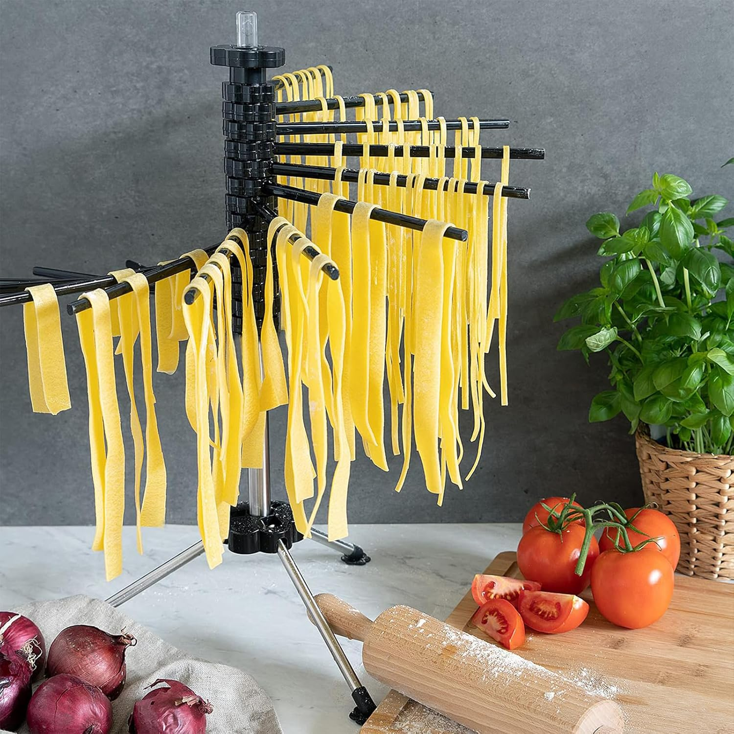 Collapsible Pasta Drying Rack, Tall Compact Spaghetti Noodle Stand with 14 Plastic Rods, Spaghetti and Noodle Dryer Rack
