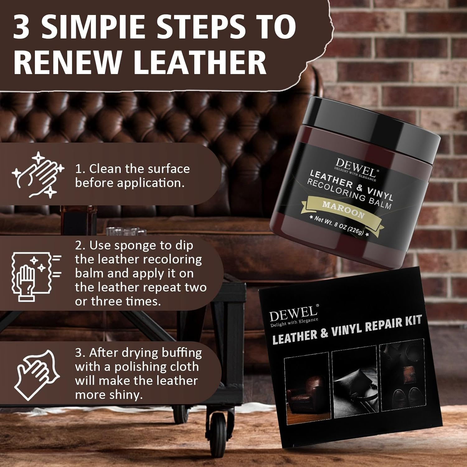 DEWEL Leather Repair Set Red Brown 200 G Car Leather Care Leather Colour Balm Faux Leather Repair Kit for Leather Restoration Cracks Holes of Sofas Cars Jackets Shoes image number 5