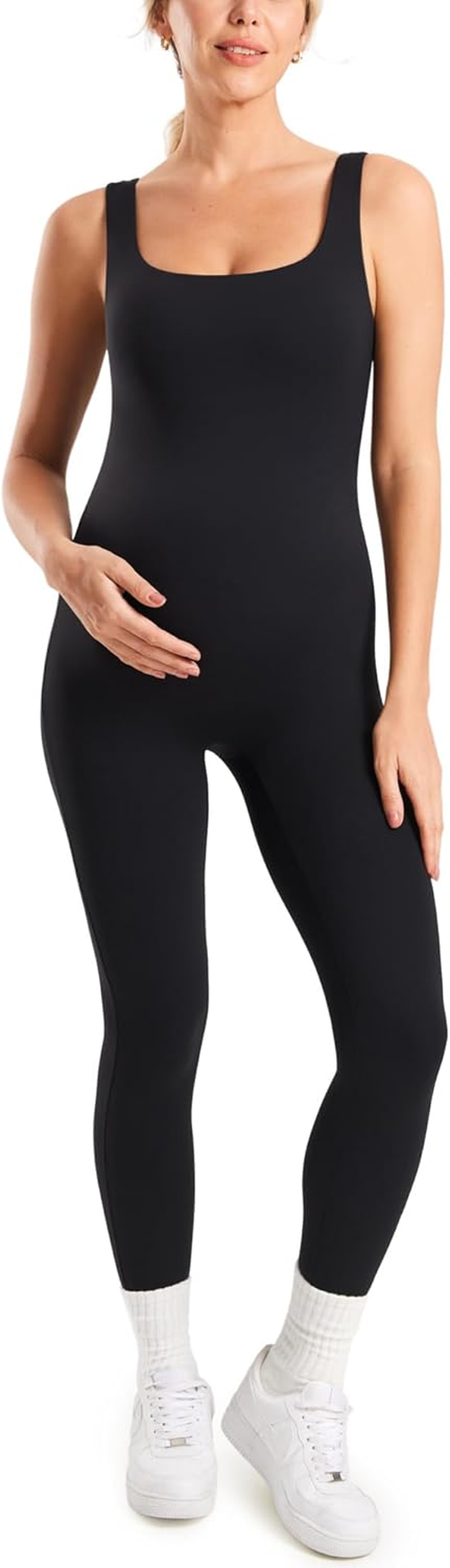 MOMANDA Maternity Jumpsuit Workout Romper for Pregnancy Seamless Leggings Bodysuit Sleeveless Square Neck Tank Top