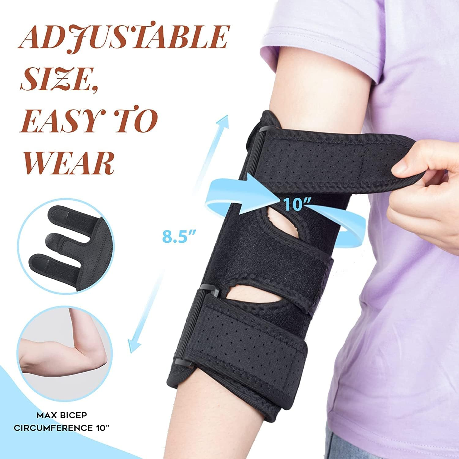 Two-Way Use Elbow Brace & Elbow Splint, Night Elbow Sleep Support, Adjustable Tendonitis Elbow Arm Brace for Ulnar Nerve Entrapment, Cubital Tunnel Syndrome, Golfers, Tennis Men & Women (Black, One Size) image number 3