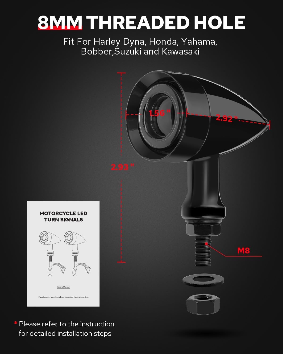 Benlari Motorcycle Bullet 48 Leds Rear Turn Signal Light SMD Blinker Indicator Fit for Honda Yamaha Suzuki Kawasaki Harley Sportster (Black,Front Turn Light) (Black/Red and Amber Light) image number 5