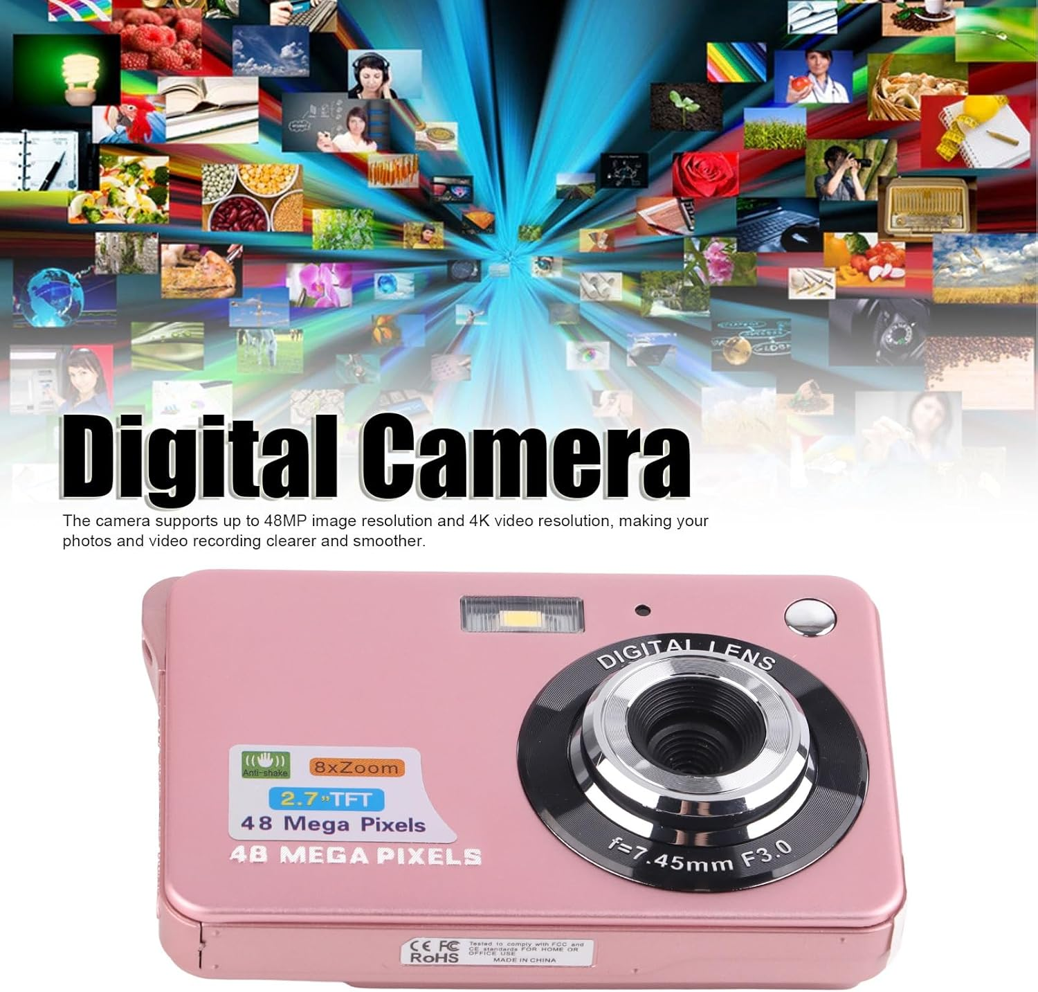 4K Digital Camera, 48MP Mini Children Video Camera, 2.7In LCD Display, 8X Zoom anti Shake Vlogging Camera for Photography Continuous - Silver image number 3