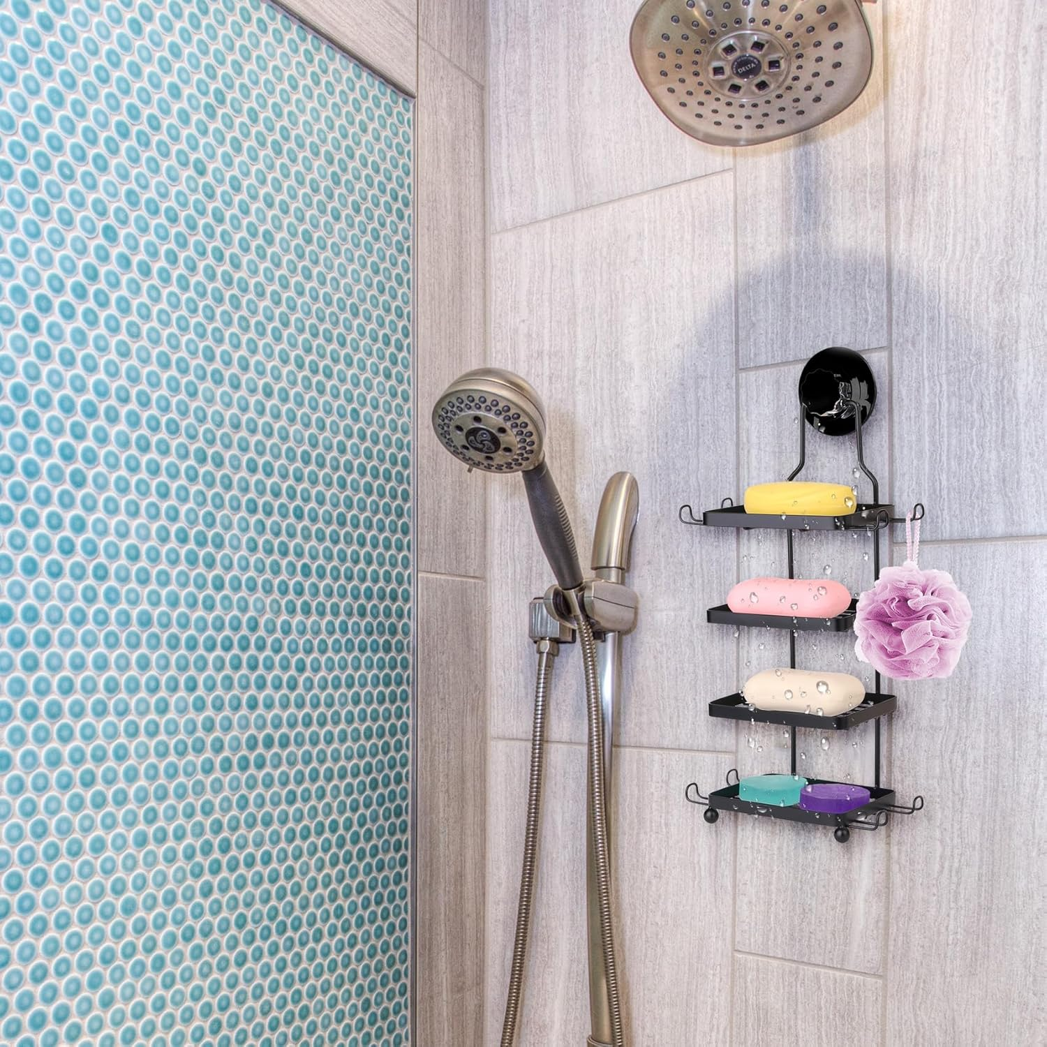 Soap Holder for Shower Wall 4 Tier Square Soap Rack with Hook Dish Stainless Steel Bar Shower Bathroom Self Draining Rustproof Rack Powerful No Drilling(Black) image number 5