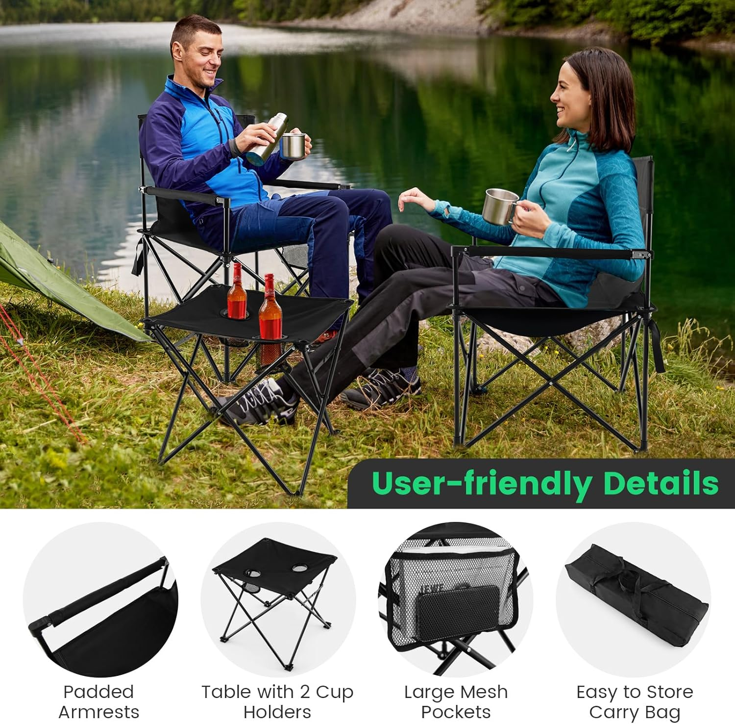 Costway Folding Camping Chair Set of 3, Portable Lawn Chair & Side Table W/ 2 Cup Holders, Storage Pockets, Carrying Bag, Oversized Camping Chair with Table for Fishing, Hiking, Picnic, BBQ, Black image number 4