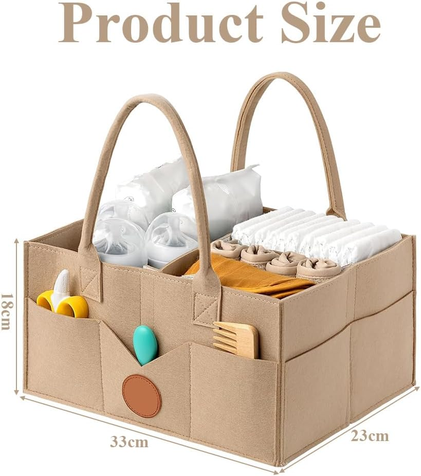 Diaper Caddy Organizer, with Handle and Multiple Compartments, Portable Diaper Tote Bag, Nappy Caddy Storage Basket, Large Travel Car Caddy, Khaki
