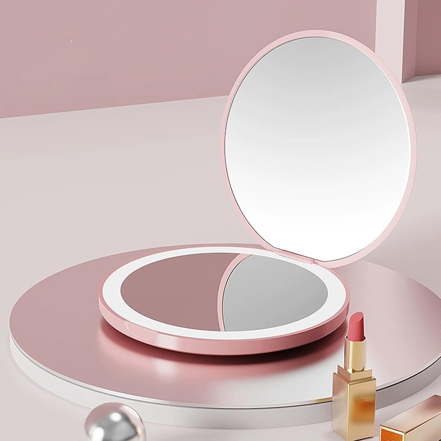 Pocket Mirror, 5X Magnification LED Compact Travel Makeup Mirror with Light for Purse, 2-Sided, Portable, Folding, Handheld, 3.5 Inch Illuminated,Small Lighted Mirror for Gift, Pink