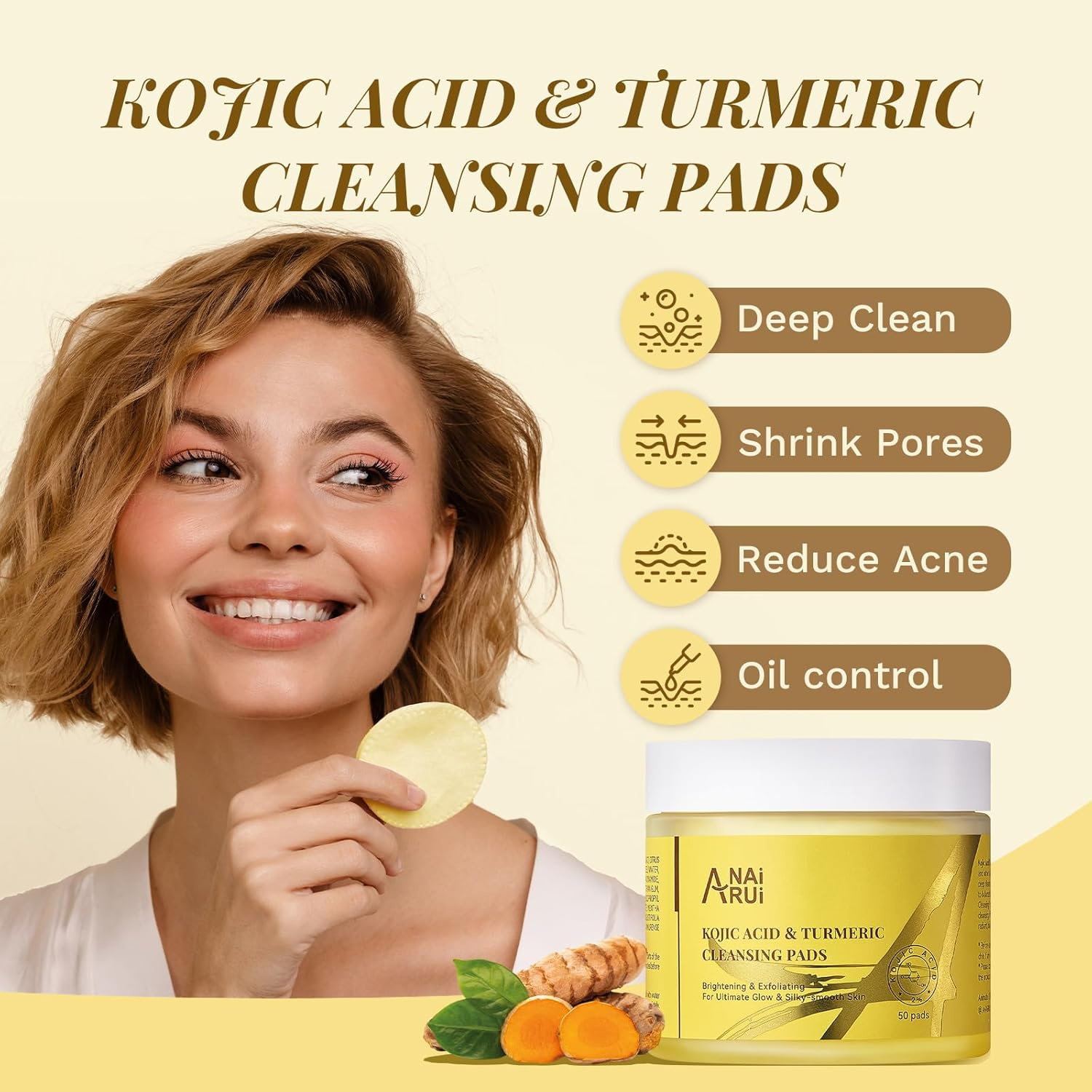 ANAI RUI Turmeric Kojic Acid Exfoliating Cleansing Pads, Deep Cleansing Brightening Pads, Exfoliating Scrub Pad for Face and Body, Acne Treatment, Make-Up Remover Wipes, 50 PCS image number 1