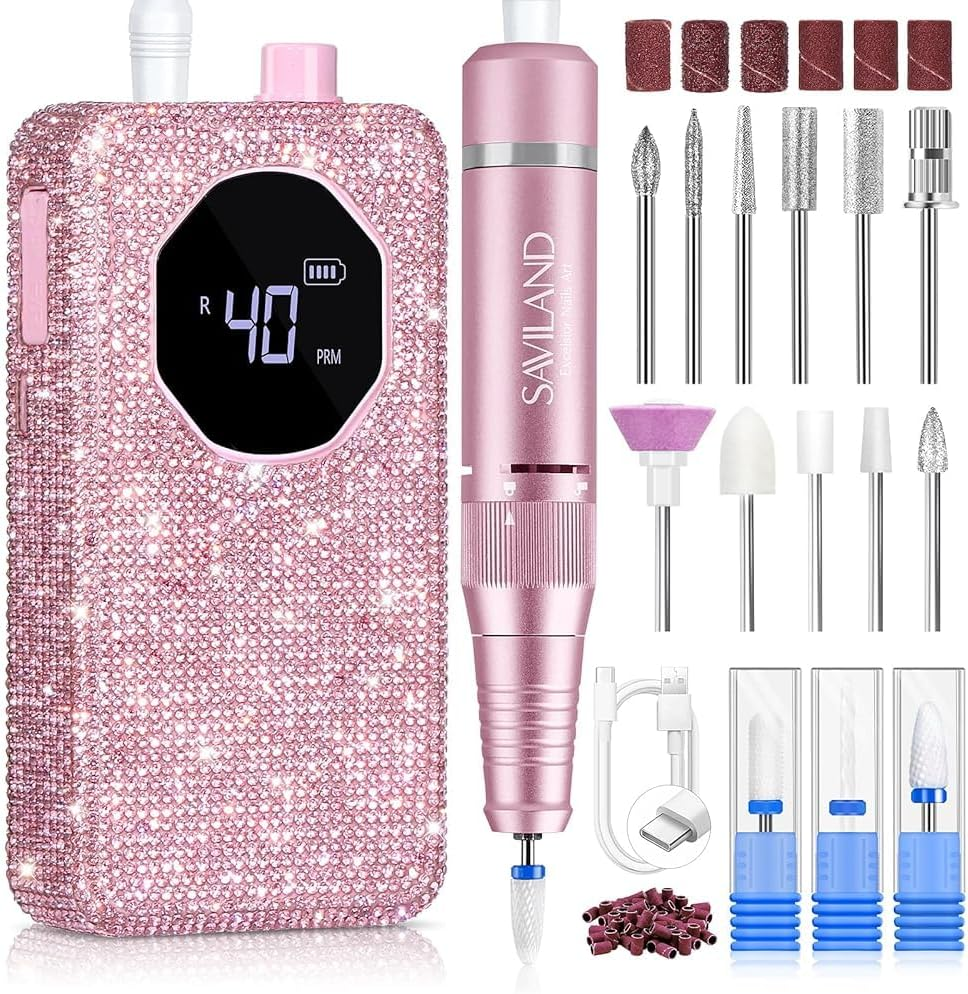 Saviland 50000RPM Nail Drill for Acrylic:High Tech Fast Removal Electric Nails Drill Kit 6000Mah Rechargeable Machine Dremal Professional Drill Bit Nail File Buffer Tools Salon Manicure Pedicure