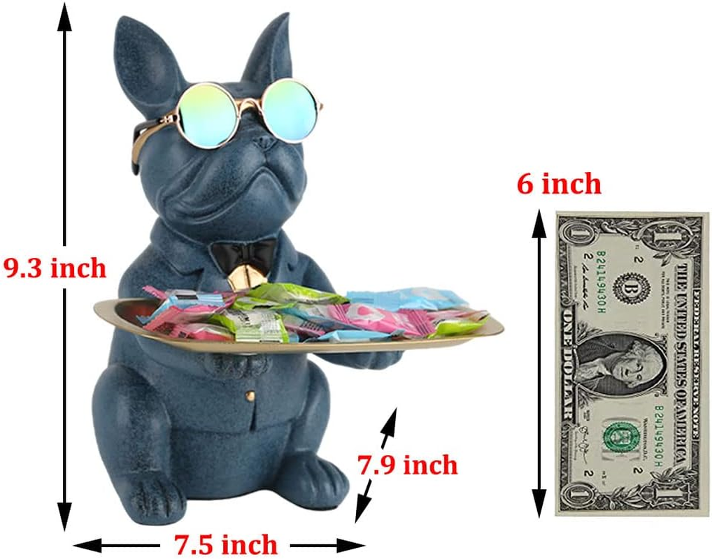 QIANLING Blue Bulldog Tray Holder Storage Desk Table Trays Decorative Animal Bulldog Sculpture Home Decor Statue Coin Piggy Bank Multi-Function Office Home Entrance Key Snack Storage Tray