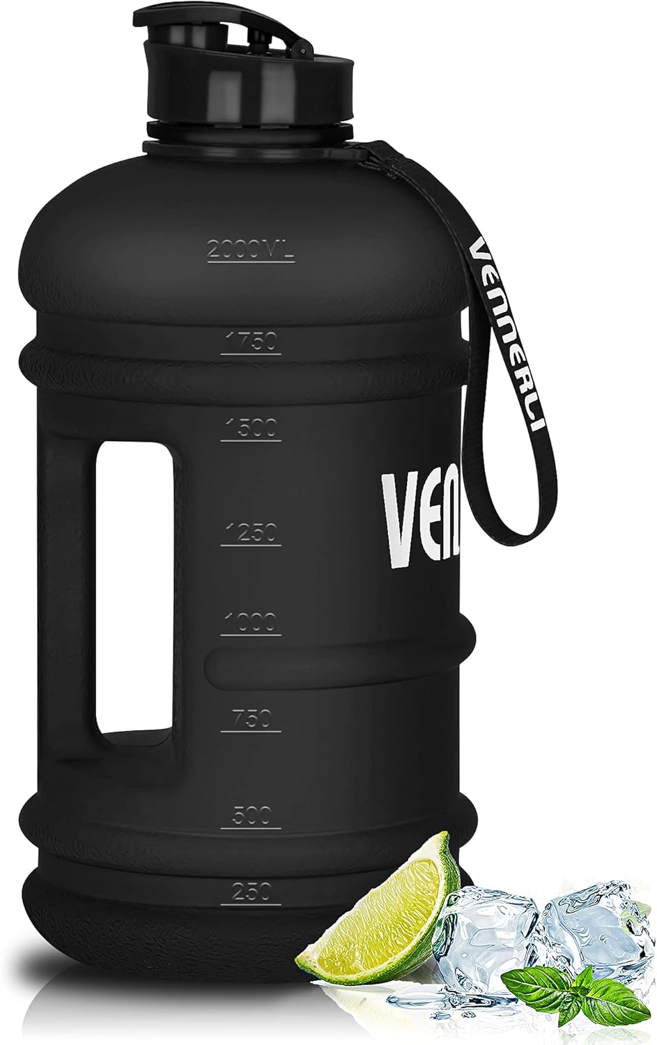 Half Gallon Water Bottle 2.2L Bottles with Handle Flip Cap 100% Leak Proof BPA Free Reusable Durable Big Gym Jug for Camping Sports Workouts Hiking Outdoors 2.2Litre (Matte Black)