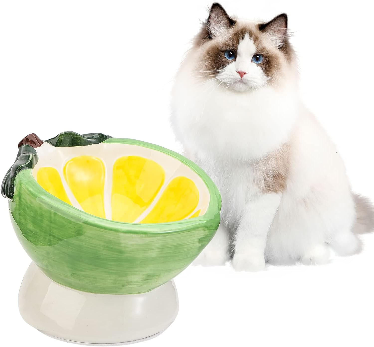 Tilted Elevated Cat Food Bowl - Raised Cat Dish anti Vomiting - Shallow Wide Ceramic Cat Bowl for Whisker Fatigue - Small Cat Feeding Bowls - Tall Cat Bowl - Lemon Shaped Cute Kitten Bowl - 4 Oz image number 3