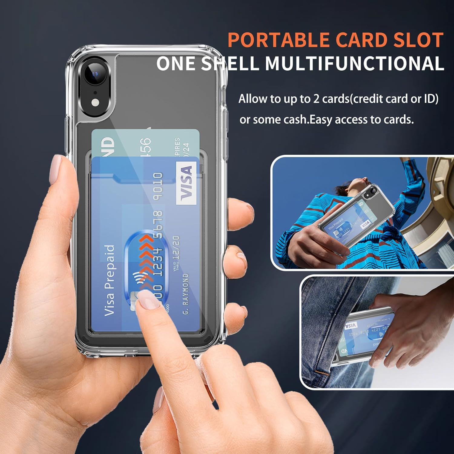 For Iphone XR Case with Card Holder Wallet Case[Store 2 Cards][Anti-Yellow][Military Grade Protective][Anti-Drop] Shock Absorption Phone Case for Iphone XR, Crystal Clear image number 1