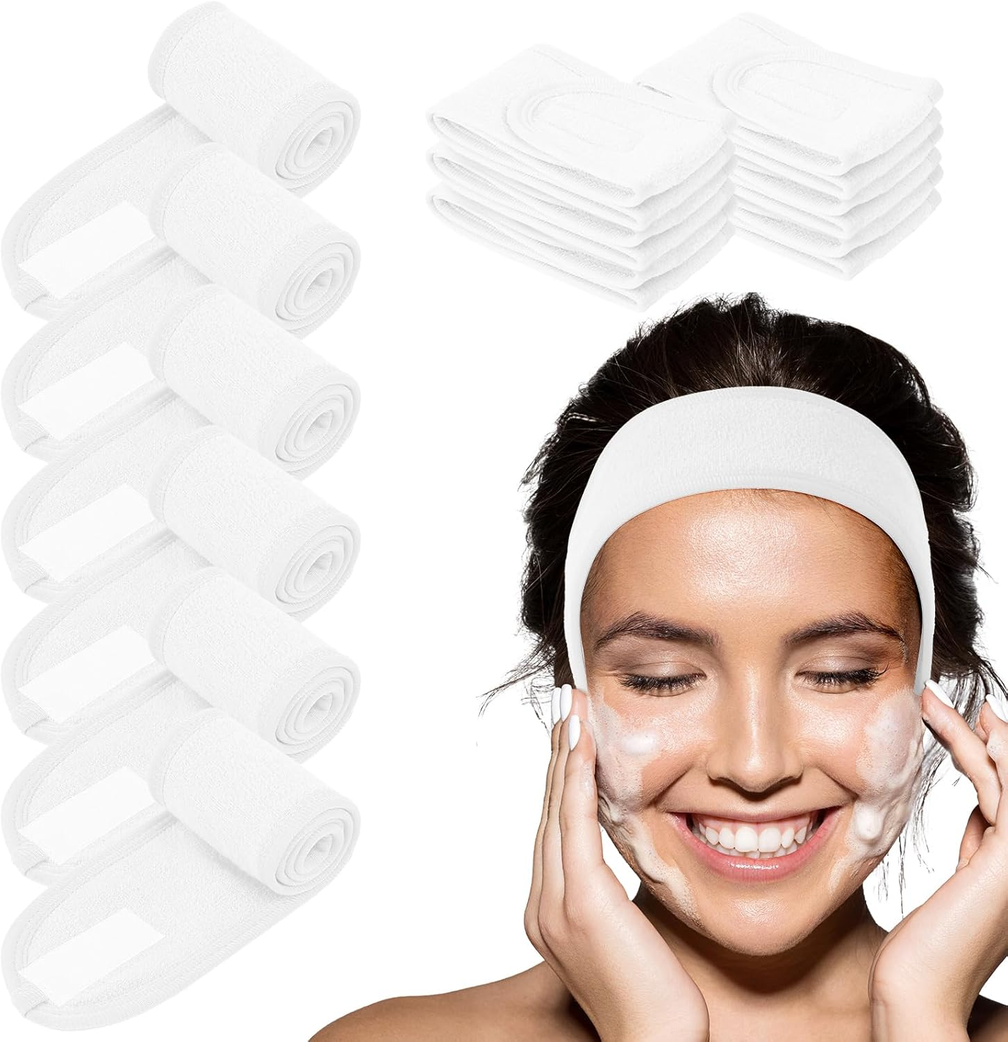 LOPHE 6 Pack Spa Headband, Facial Makeup Hair Wrap with Adjustable Magic Sticker, Women Skincare Headband, Washband for Shower, Headband for Washing Face Shower Sports (White) image number 3