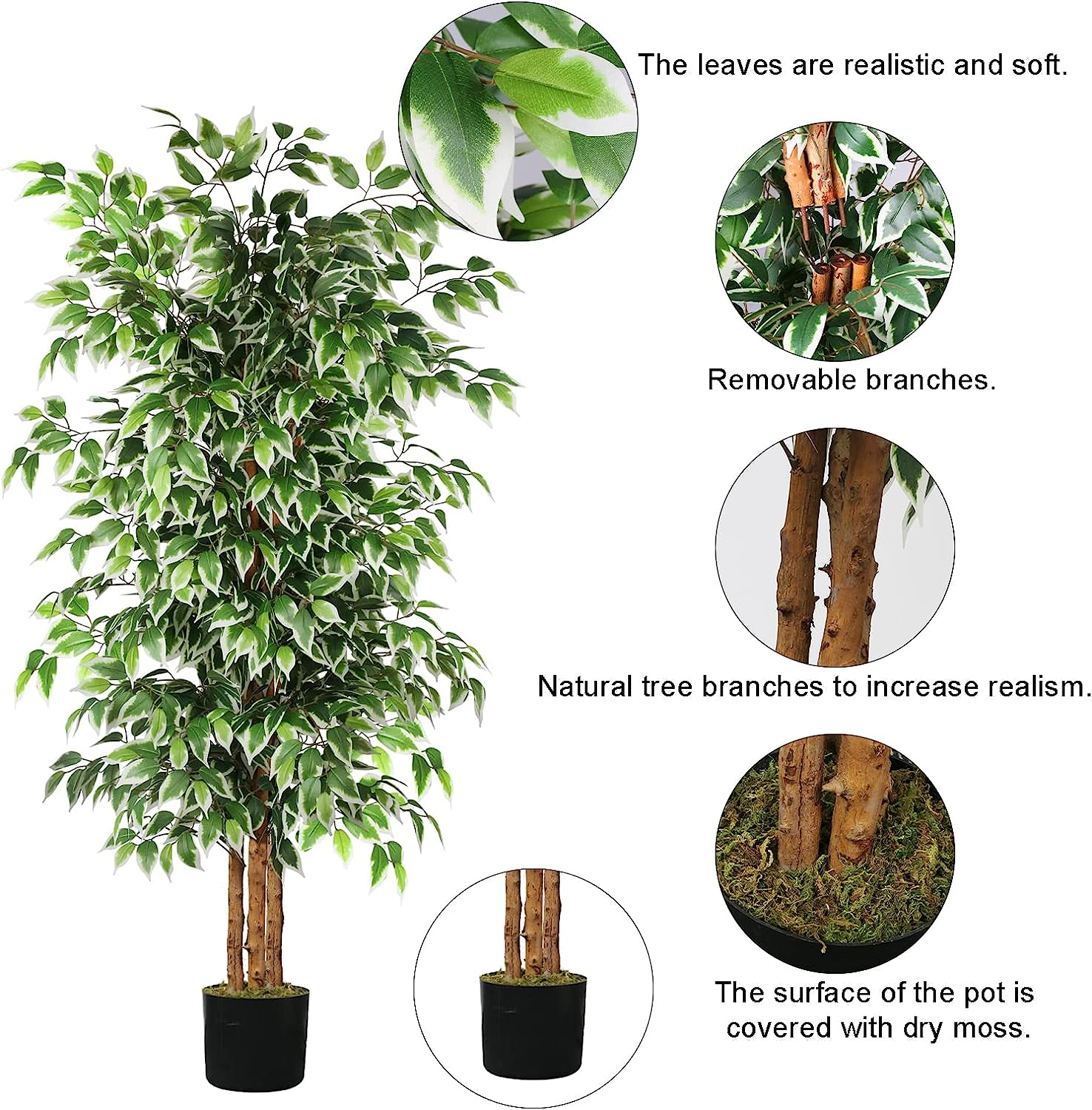 GTIDEA 6Ft Artificial Tree Ficus, Tall Faux Trees Indoor with Natural Trunk and Fake Silk Tree Fake Plants for Home Spring Decor Living Room Outdoor Balcony House Office (Included Dried Moss) image number 5