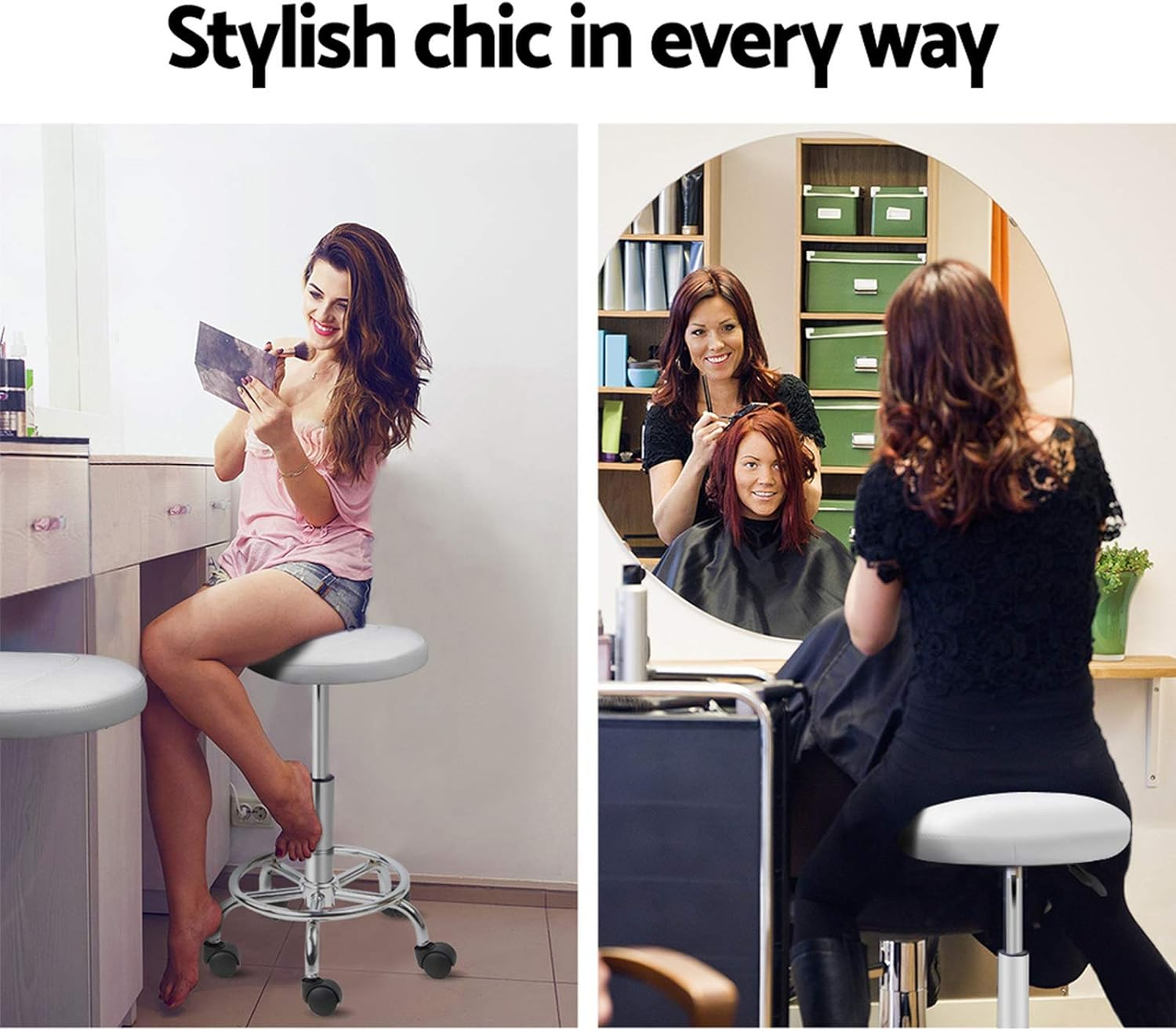 Artiss PU Salon Stool, Bar Stools Swivel Lounge Drafting Chair Piano Guitar Seat Barber Chairs Outdoor Spa Indoor Home Office Kitchen Furniture, Adjustable Height Hydraulic Lift White image number 4