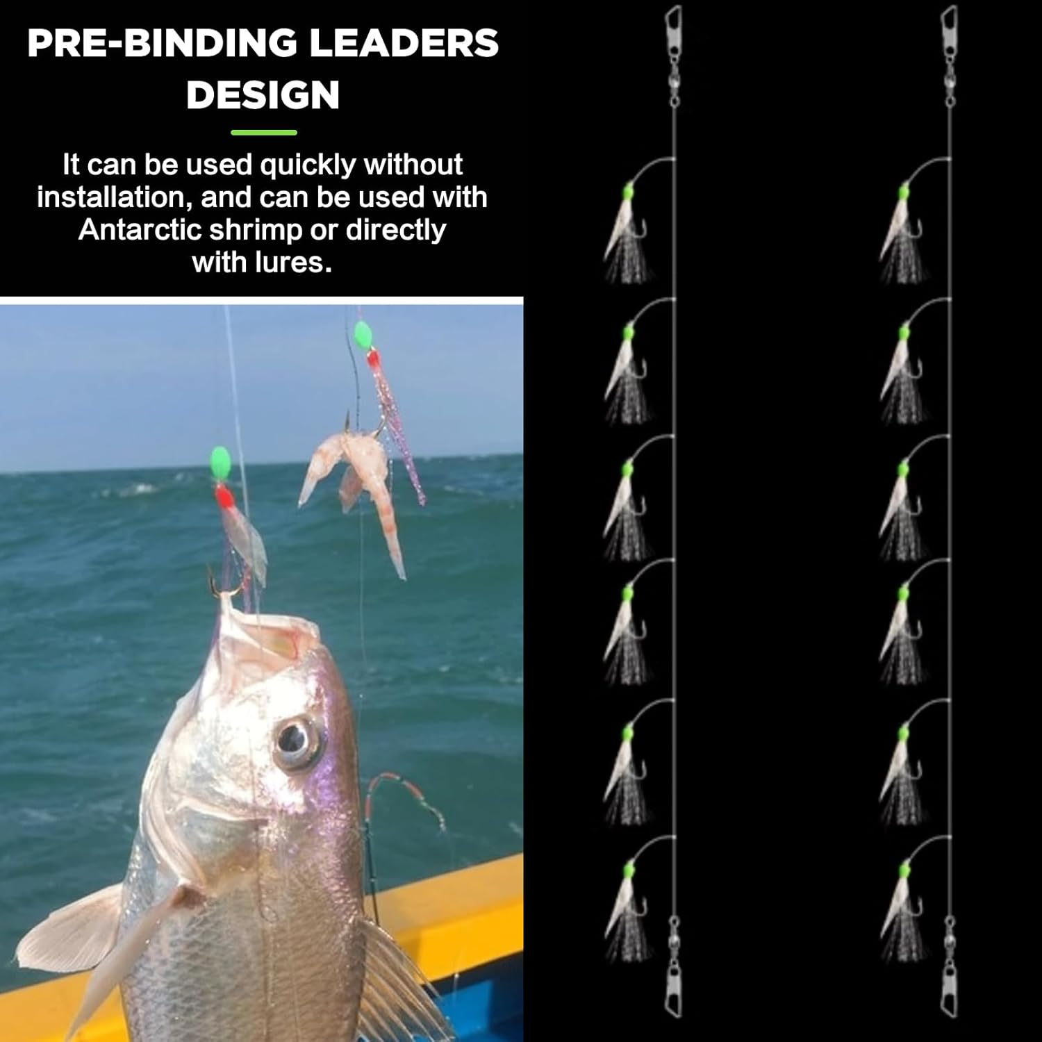 EWEIS 5 Pcs Pre Tied String Fishing Hook with Bionics Lures Bait Rigs,Carbon Steel Barbed 5 Hooks Set with Quick Swivels Snaps and Glow Rigs Beads,Sabiki Flasher Fish Bites Bait for Saltwater image number 3