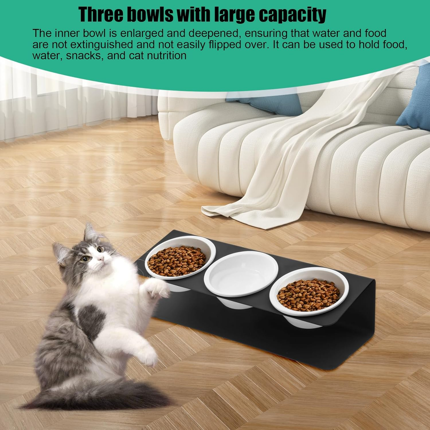 Raised Cat Bowl, Set of 3, 300 Ml, 15&deg; Tilted Ceramic Feeding Bowl, 43 X 14.5 X 11 Cm, Cat Feeding Station, Cat Bowl Set, Cat Feeding Bowl, Raised Feeding Bowls for Small Dogs Cats