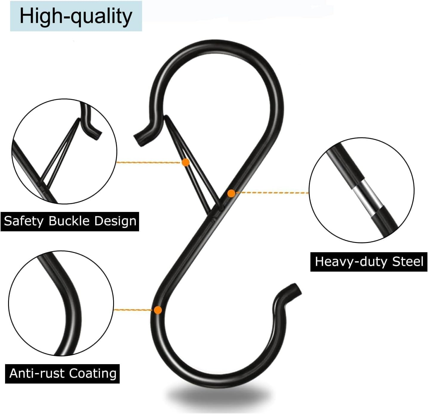 Aieve 10-Pack S Hooks with Safety Buckle, 3.5 Inch Heavy Duty S Hooks for Kitchen, Bathroom, Courtyard - Hanging Plants, Clothes, Pots and Pans, Bathing Utensils, Bags (Black) image number 4