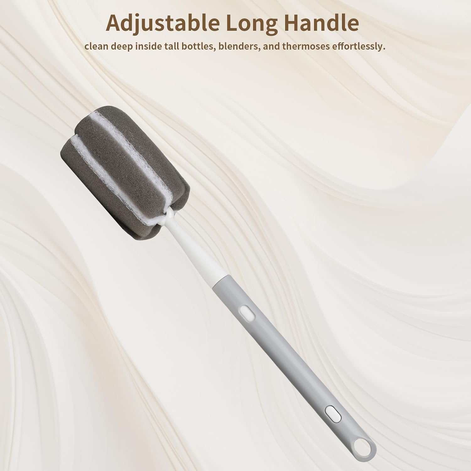 Sponge Bottle Brush Adjustable Long Handle up to 14.5&rdquo;High-Density Foam Bottle Brush & Scrubber Head Hanging Design with 4 Traceless Hooks and &ndash; Bottle Cleaner for Glasses & More (2 Pack) image number 1