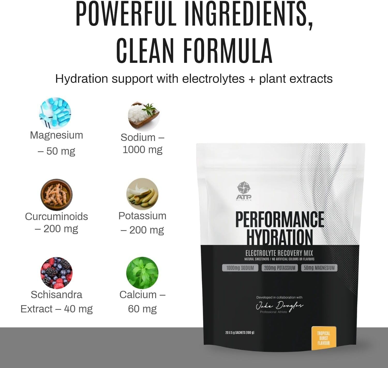 ATP Science Performance Hydration Electrolyte Recovery Mix with Herbal Ingredients, Naturally Sweetened, Low Sugar, No Artificial Colours or Flavours, Flavour - Tropical Burst, 20 X 5G Sachets image number 3