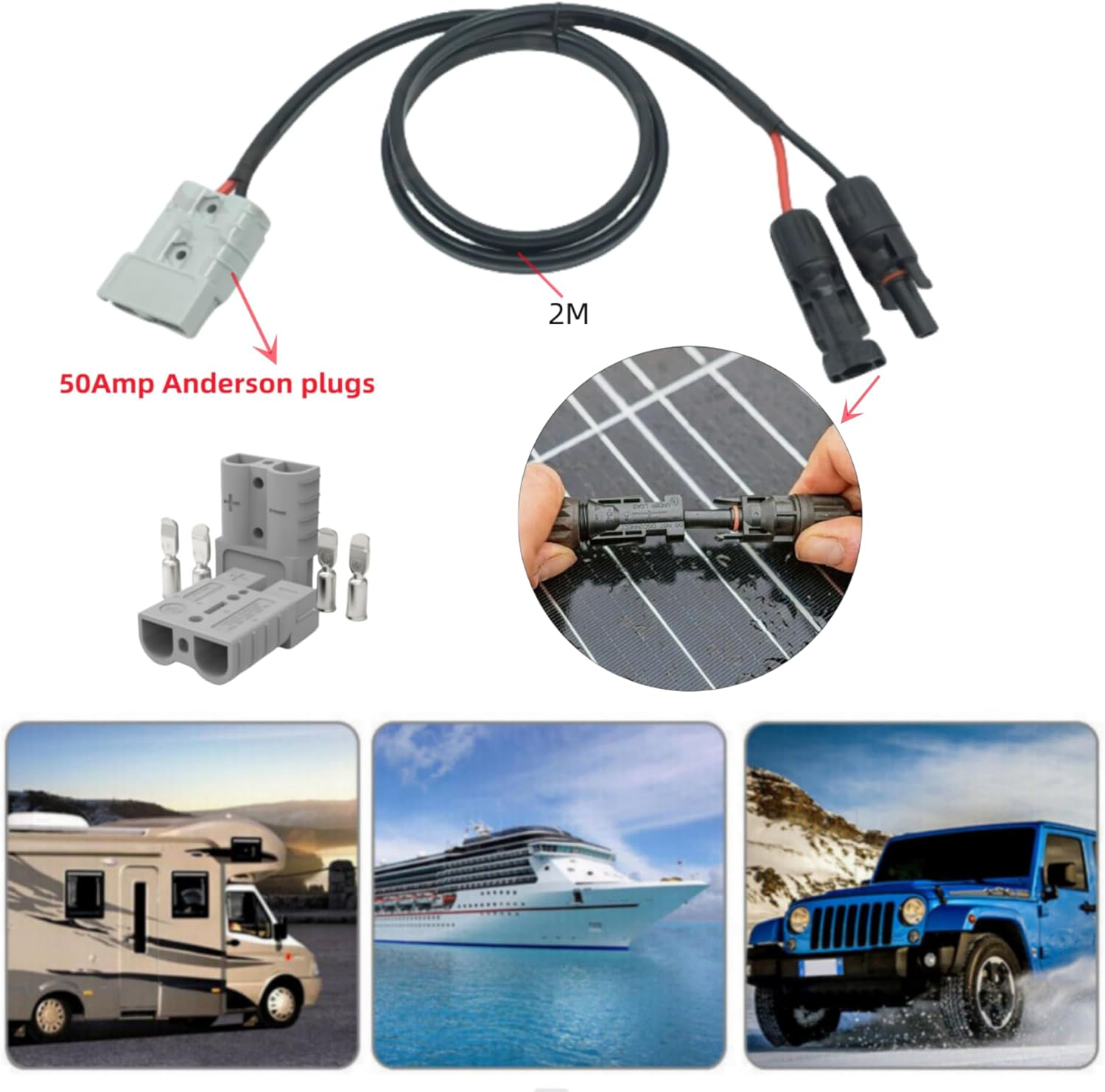 KUGONTC 50AMP Anderson Plug to Solar Panel Cable Wiring Y Adaptor Connector,12V Solar Plug Connection Adaptor 200CM image number 1