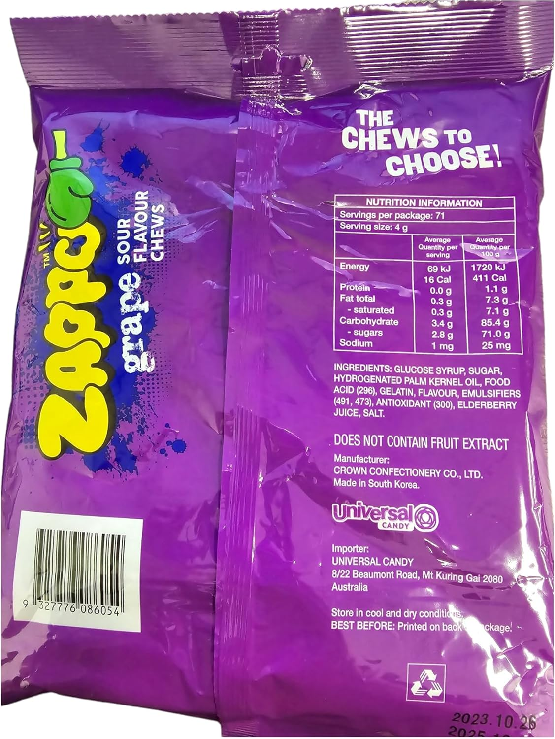 Zappo Sour Grape Chews 284 G Share Bag Tangy Fruit Chews image number 3
