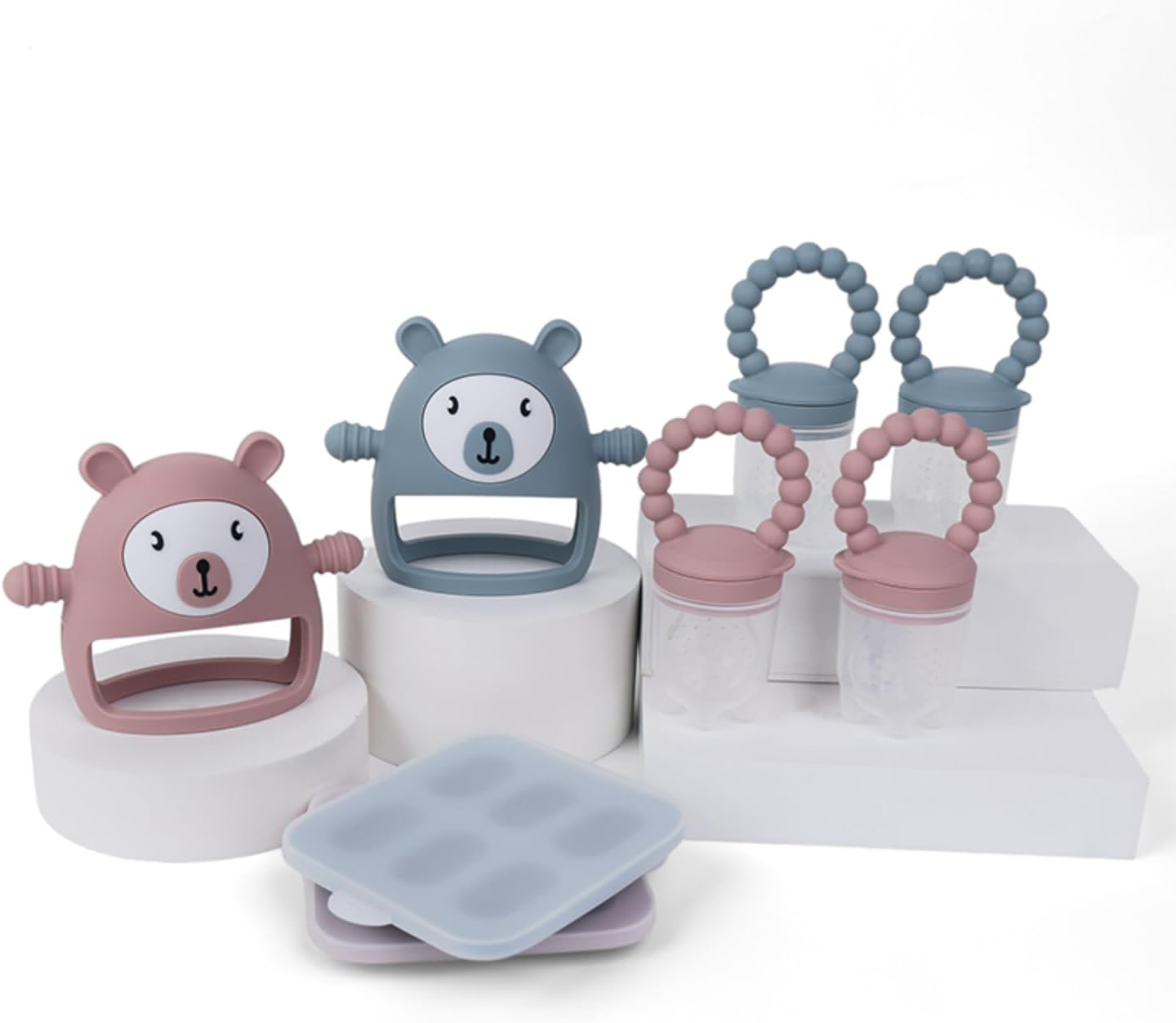 Baby Silicone Teething Mitten Set, 4-Pack with Food Feeder and Freezer Tray, BPA Free, Pink/Blue/Yellow (Bl) - Blue image number 4