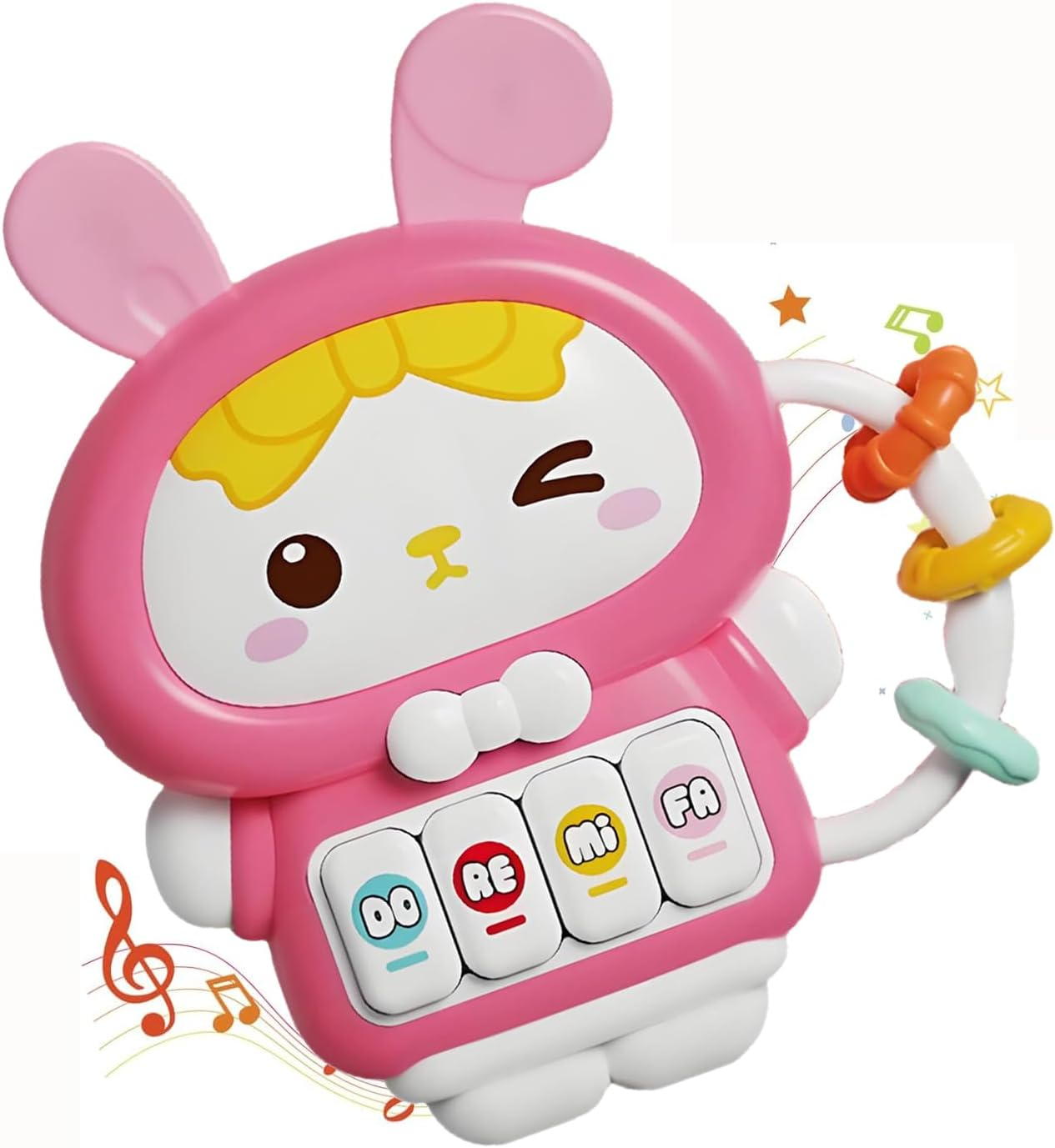 Baby Musical Rattle Toy, Rabbit Light-Up Teether & Sensory Fine Motor Skills Toy 1St Birthday Gift for 18 Month Infant Toddler Boy Girl (Pink)