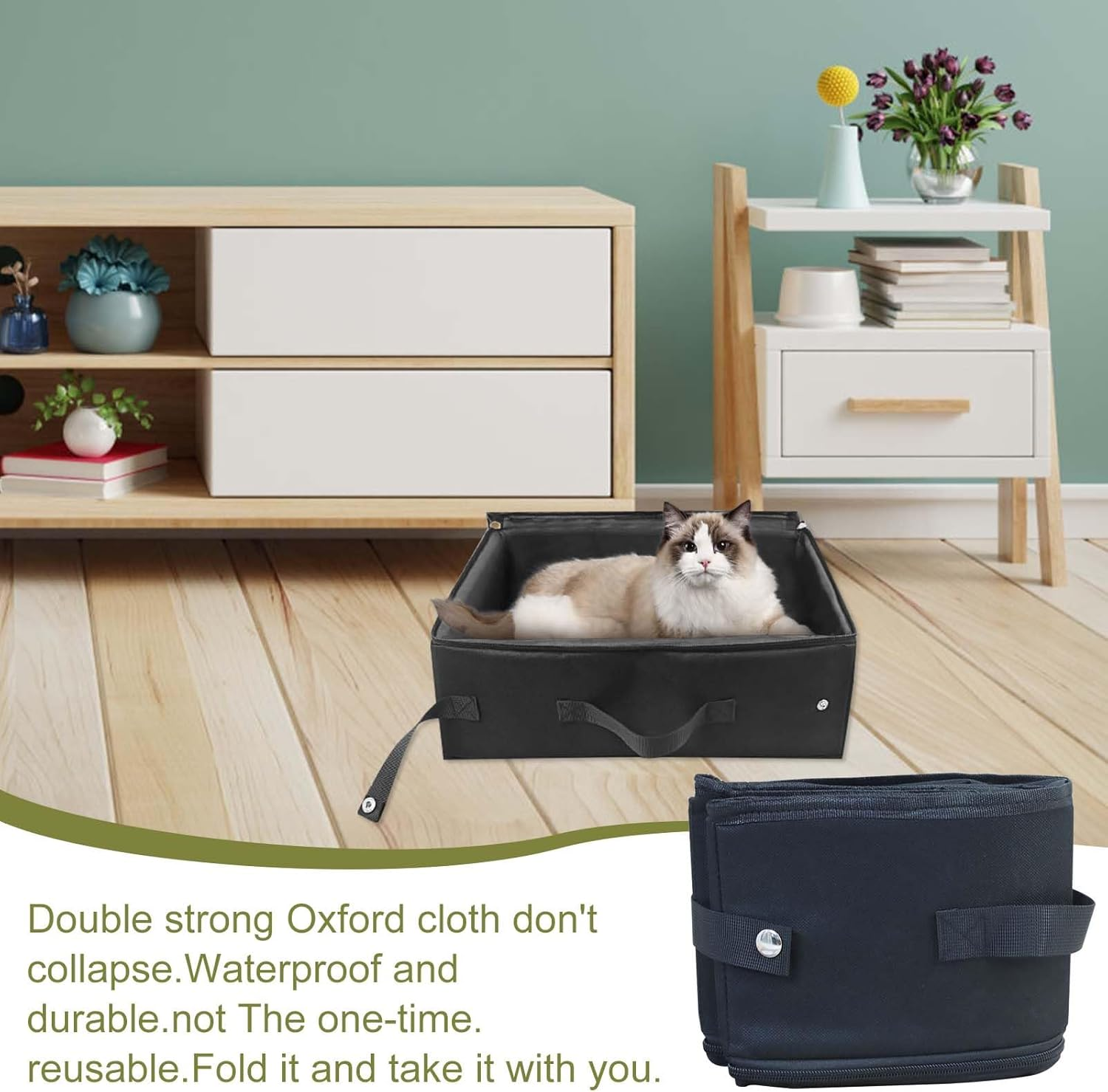 Gomety Portable Cat Travel Toilet with Lid, 40 X 32 X 15 Cm, Foldable Cat Litter Box, Waterproof with Handle, Useful Pets Cat Litter Tray for Travel, Outdoor, Camping, Home Use (Black) image number 2
