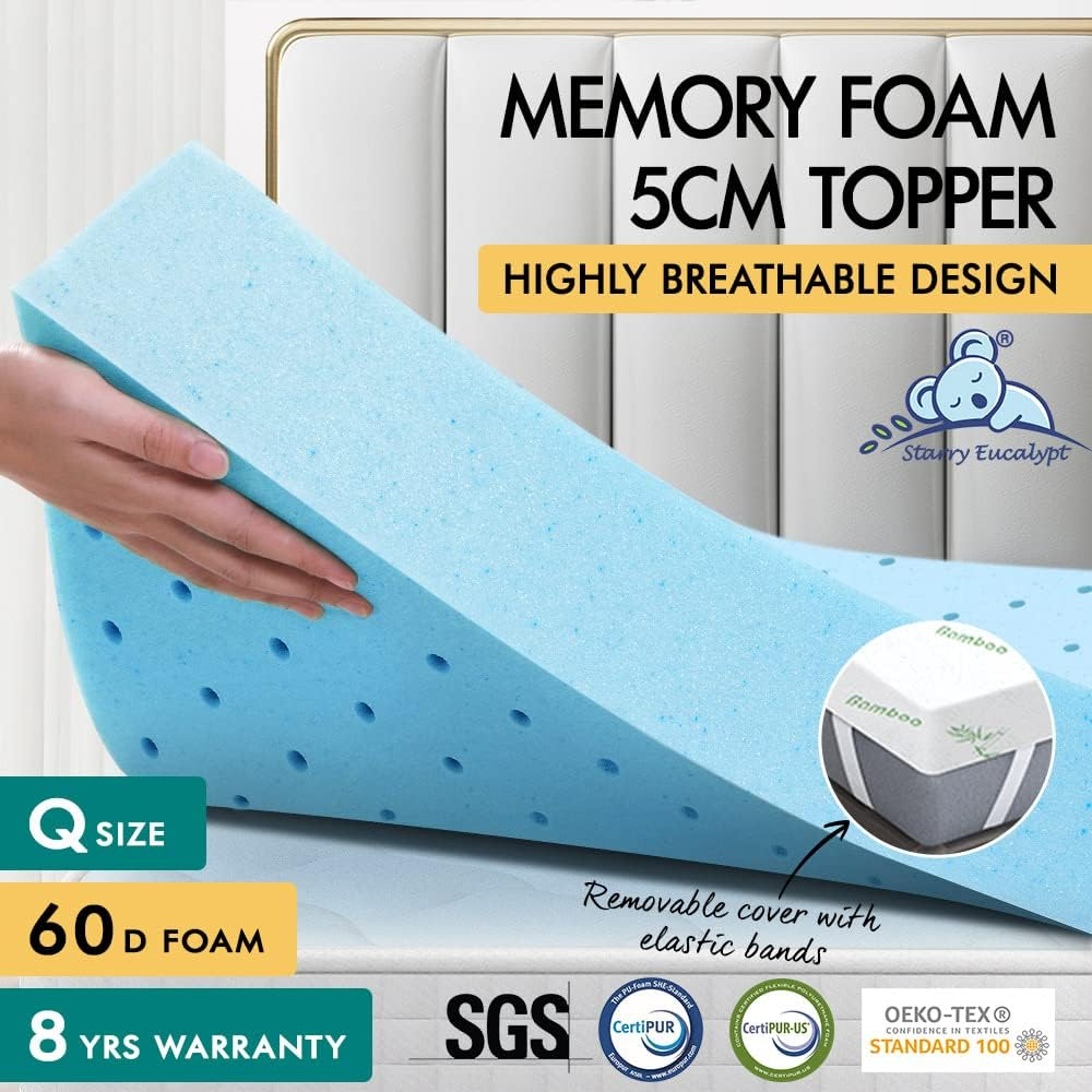 STARRY EUCALYPT Queen Size Memory Foam Mattress Topper with Cool Gel Infused, 60D Foam 5Cm Thick Bed Topper with Bamboo Fabric Cover Beddings, Highly Breathable Bedding Floor Mat Pad
