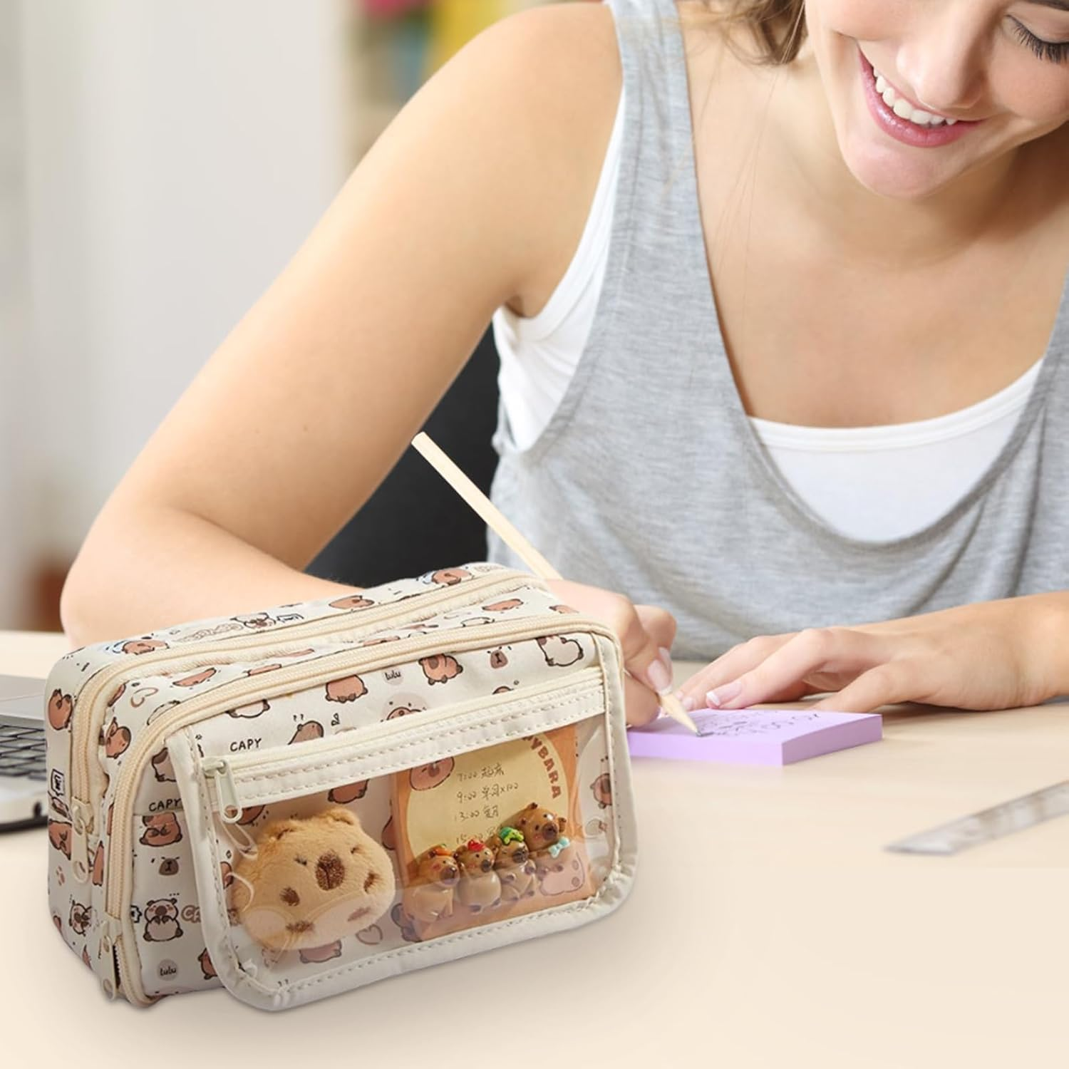 Generisch Capybara Plush Pencil Case - Cute Pen Holder Pencil Bag | Wide Opening Pencil Case, Office Supplies with 9 Compartments, Funny Cute Pen Holder Bag image number 6