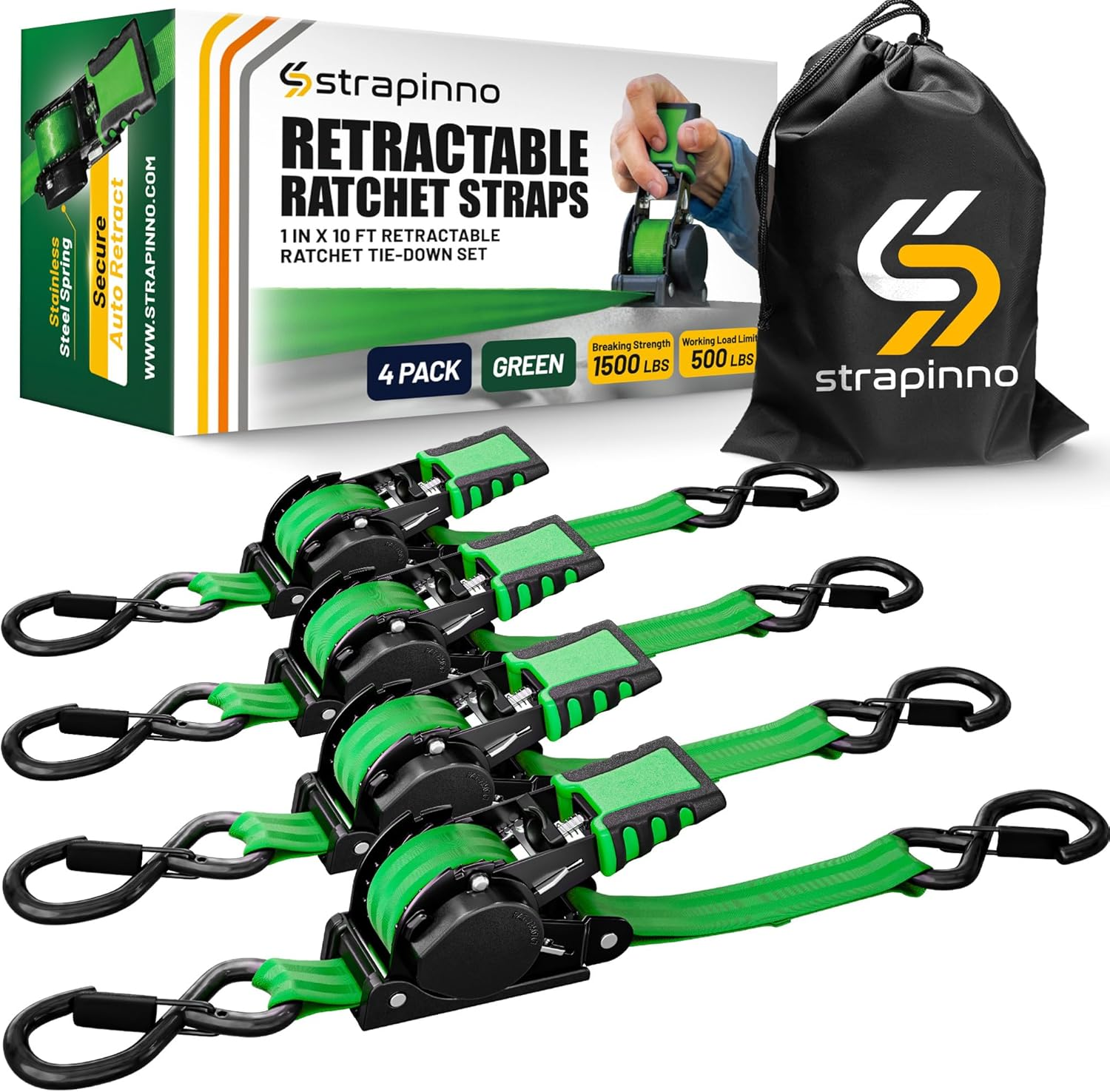 Strapinno Retractable Ratchet Straps 1 in X 10 Ft, Secure Tie-Downs with Rubber-Coated Steel Handles, for Motorcycle, Jetski, Kayak, Breaking Strength 1,500LBS/680KG (Red Strap, Black Coated)