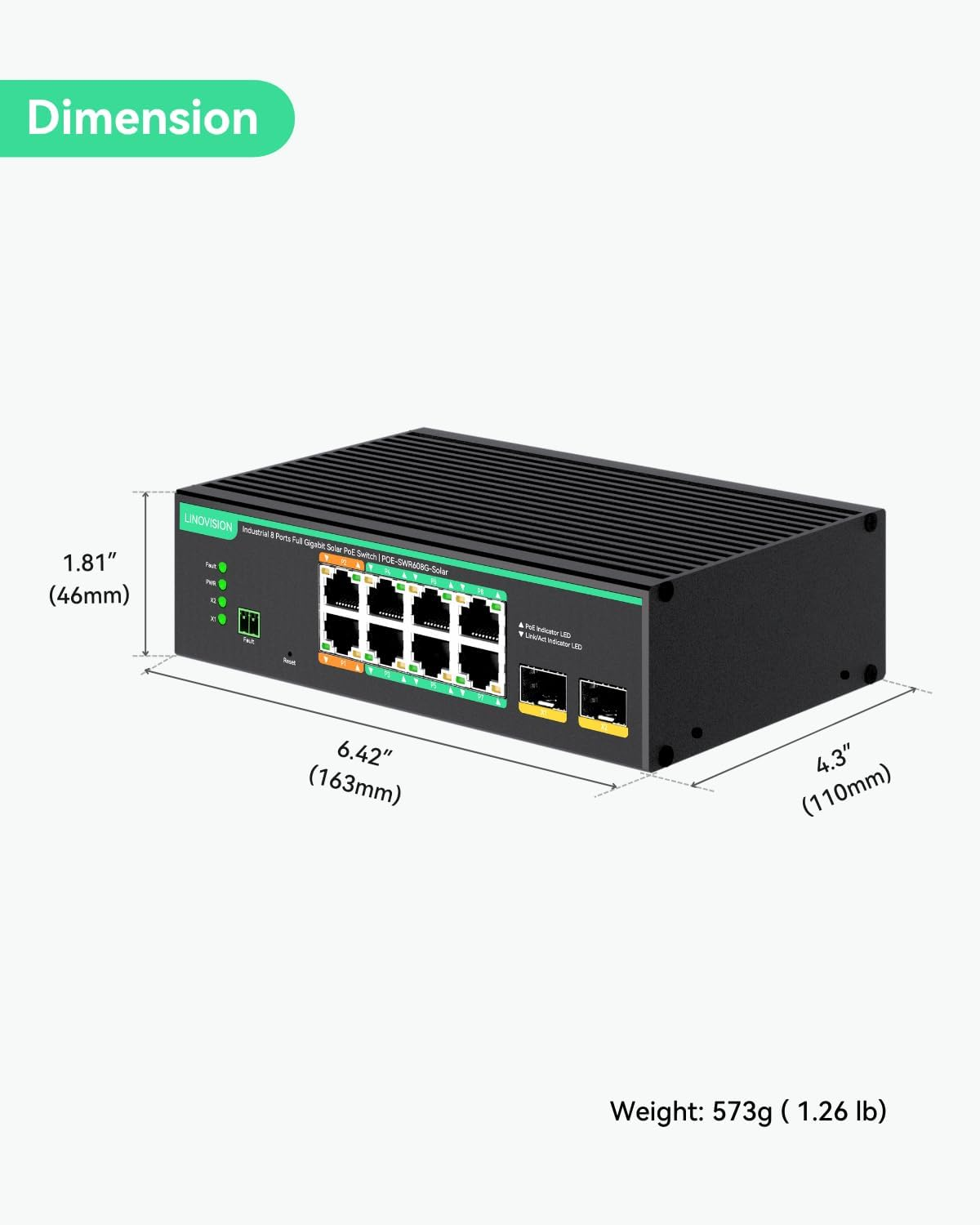 LINOVISION Industrial 8 Ports Full Gigabit Poe Switch Support DC 8~57V Input, 24V / 12V Poe Switch for Solar or RV UPS System, 2 High Poe+ Ports for Big PTZ Cameras or Wireless Aps. NDAA Compliant image number 6