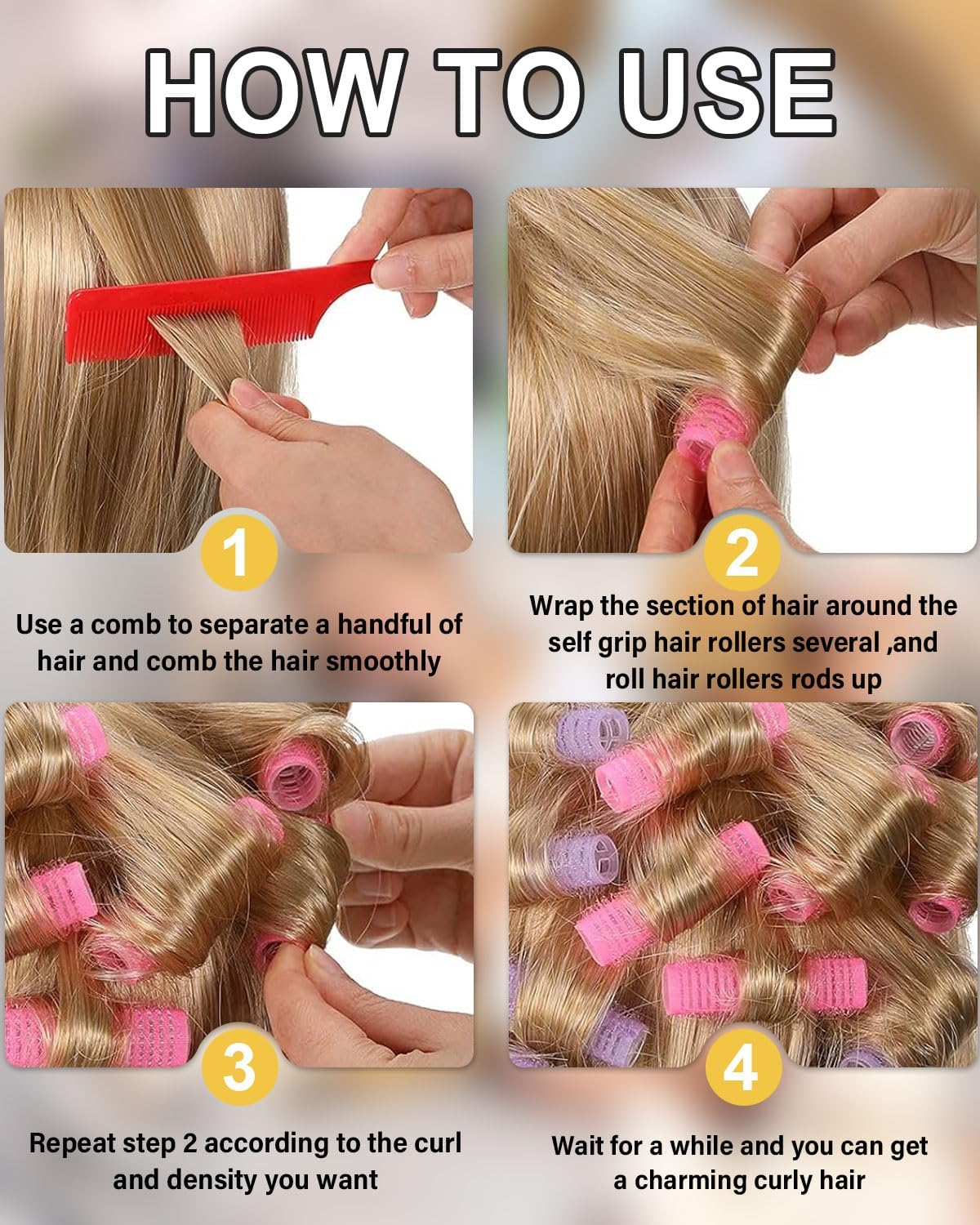 TPZORJX 37 Pieces Manual Hair Rollers Self Adhesive Hair Rollers for Salons, Barber Shops, Rat Tail Combs, DIY Curling Irons with Steel Needle Tip Combs (Gold) image number 3