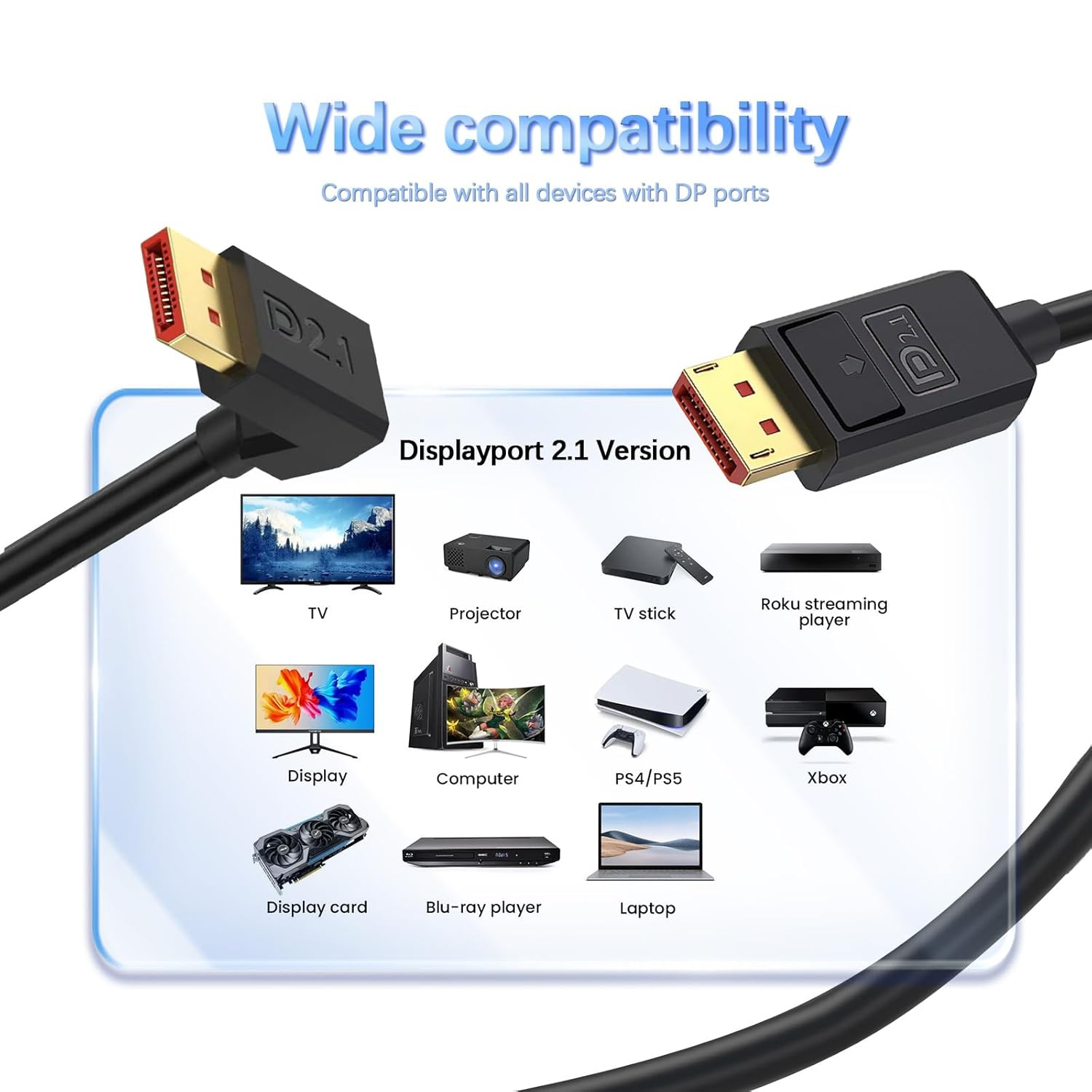 Duttek 16K Displayport 2.1 Cable 50Cm, DP2.1 Male to Male Cable 40Gbps Video Displayport Cable Support 16K@30Hz, 8K@120Hz, 4K@240Hz, HDR, HDCP2.2, ARC for Gaming Monitor (Down Angle) image number 1