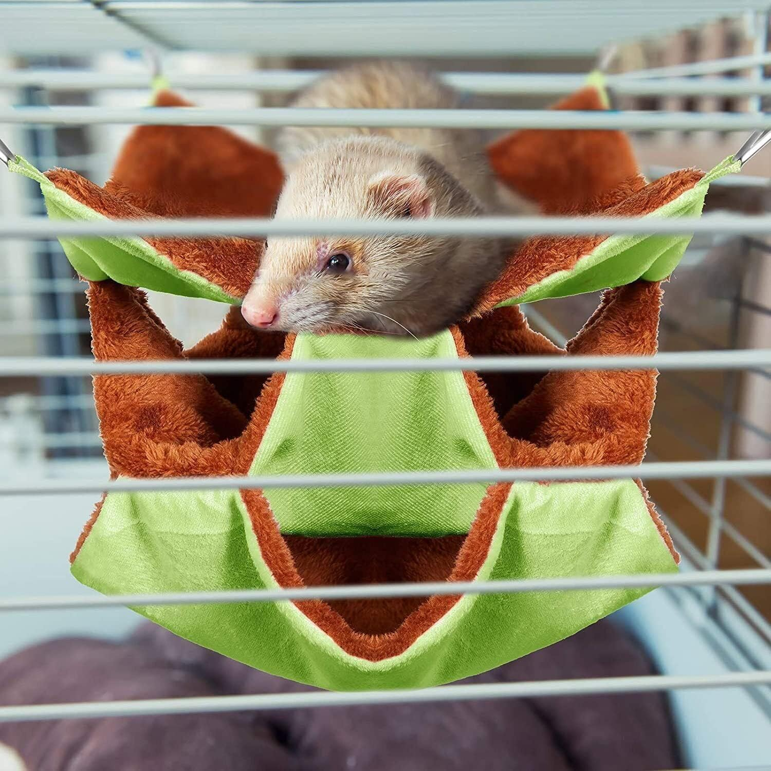 New Guinea Pig Rat Hammock Hamster Ferret Hanging Nest Mice Bed Toy Warmer House - Hanging Toy Warmer House with Sturdy Metal Buckles - Green Rabbit image number 4