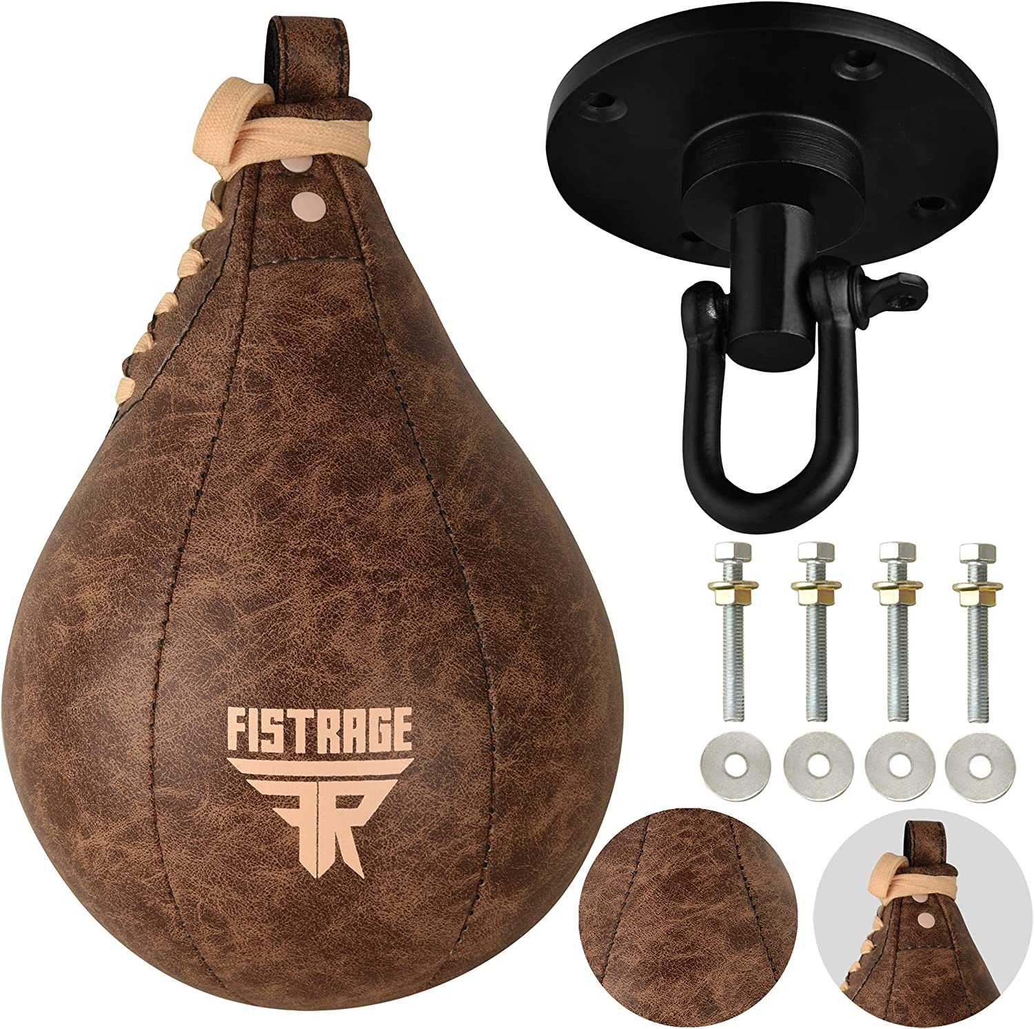 FISTRAGE Speed Bag Boxing Ball Leather MMA Muay Thai Training Punching Dodge Striking Kit with Free Hanging Swivel Workout Speedball Kicking Platform Equipment