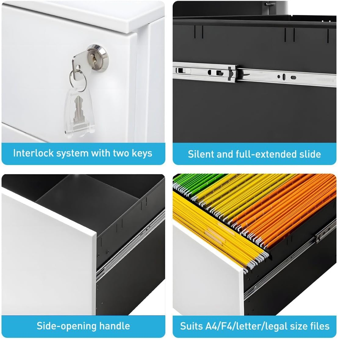 Steel File Cabinet 3 Drawers Metal Office under Desk Document Storage Furniture White Vertical Locking Mobile Filing Organiser Unit on 5 Wheels image number 3