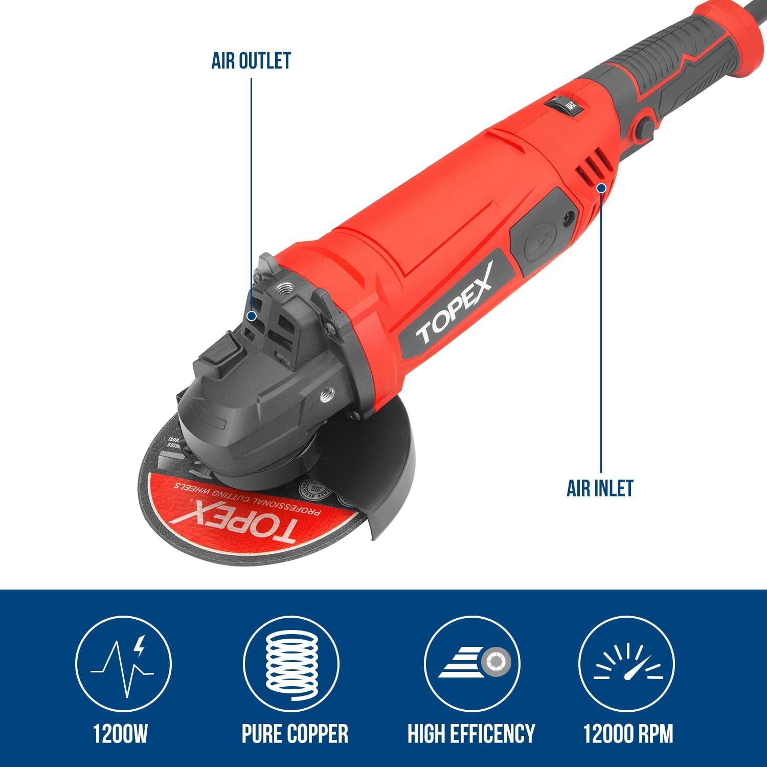 TOPEX 1200W Angle Grinder Heavy Duty 125Mm 5" Angle Grinder W/Auxiliary Handle image number 1