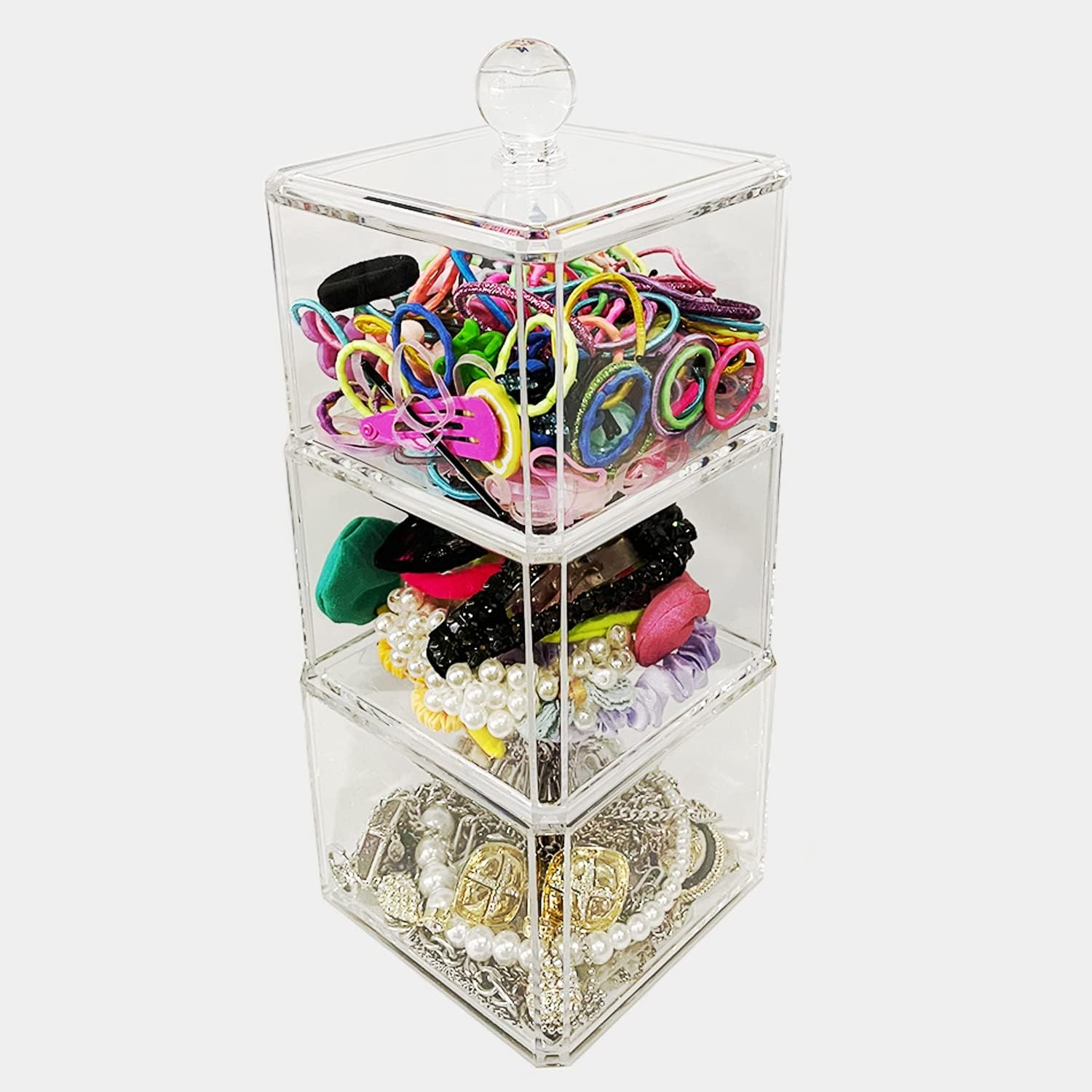 ZEQIDOU Hair Accessories Organizer, Tie Organizer for Girls, Acrylic Accessory Holder, Ponytail and Scrunchie Storage Container, Clear 3 Stackable Holder with Lids for Organizing
