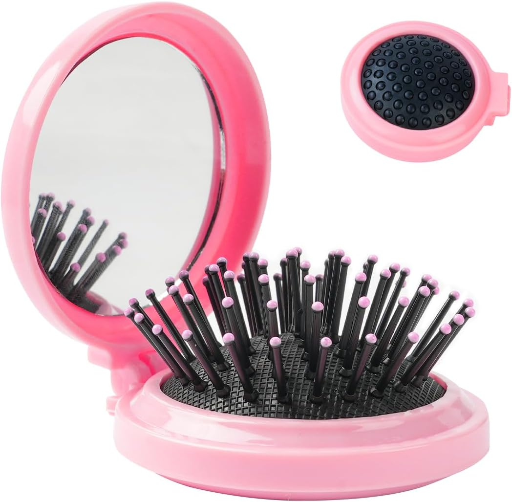 2 Pieces Folding Travel Mirror Hair Brushes, Pocket Hair Comb, Hair Brush with Mirror, round Mini Hair Brush for Women and Girls (Pink)