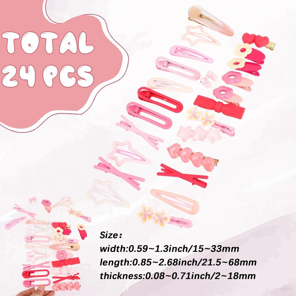 SOFPLATE Pack of 24 Kawaii Hair Clips, Aesthetic Hair Clips, Pink Bow, Alloy, Colourful, Star, Flowers, Elegant Decorative Iron Alligator Headpiece, Bobby Pins, Accessories for Long Short Party image number 1