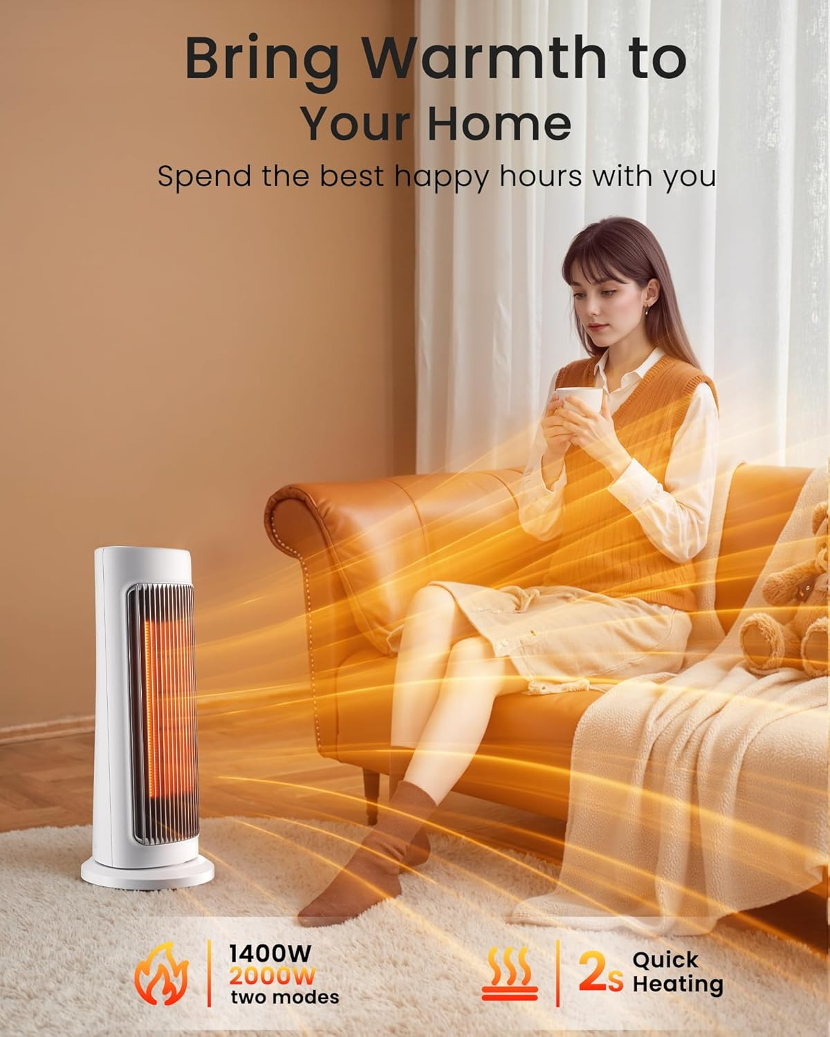 Fan Heater for Bedroom - 2000W Fast Heating Portable Space Heaters, Ceramic PTC Electric Heater 12H Timer for Bathroom, Living Room, Office, Indoor Use - over Heating & Tip over Protection image number 5