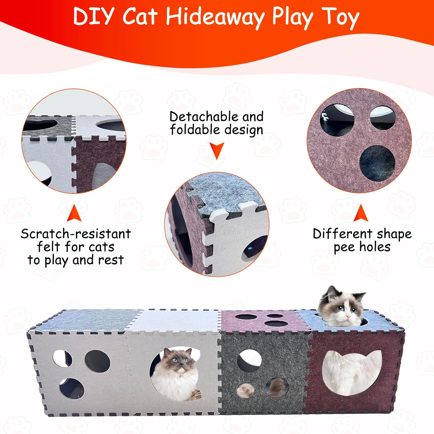 18 PCS Cat Tunnel for Indoor Cats,Diy Transformable Cat Hideaway Cave,Kitten Play Tubes and Tunnels,Felt Peekaboo Cat Toy with Interactive Peek Holes image number 2