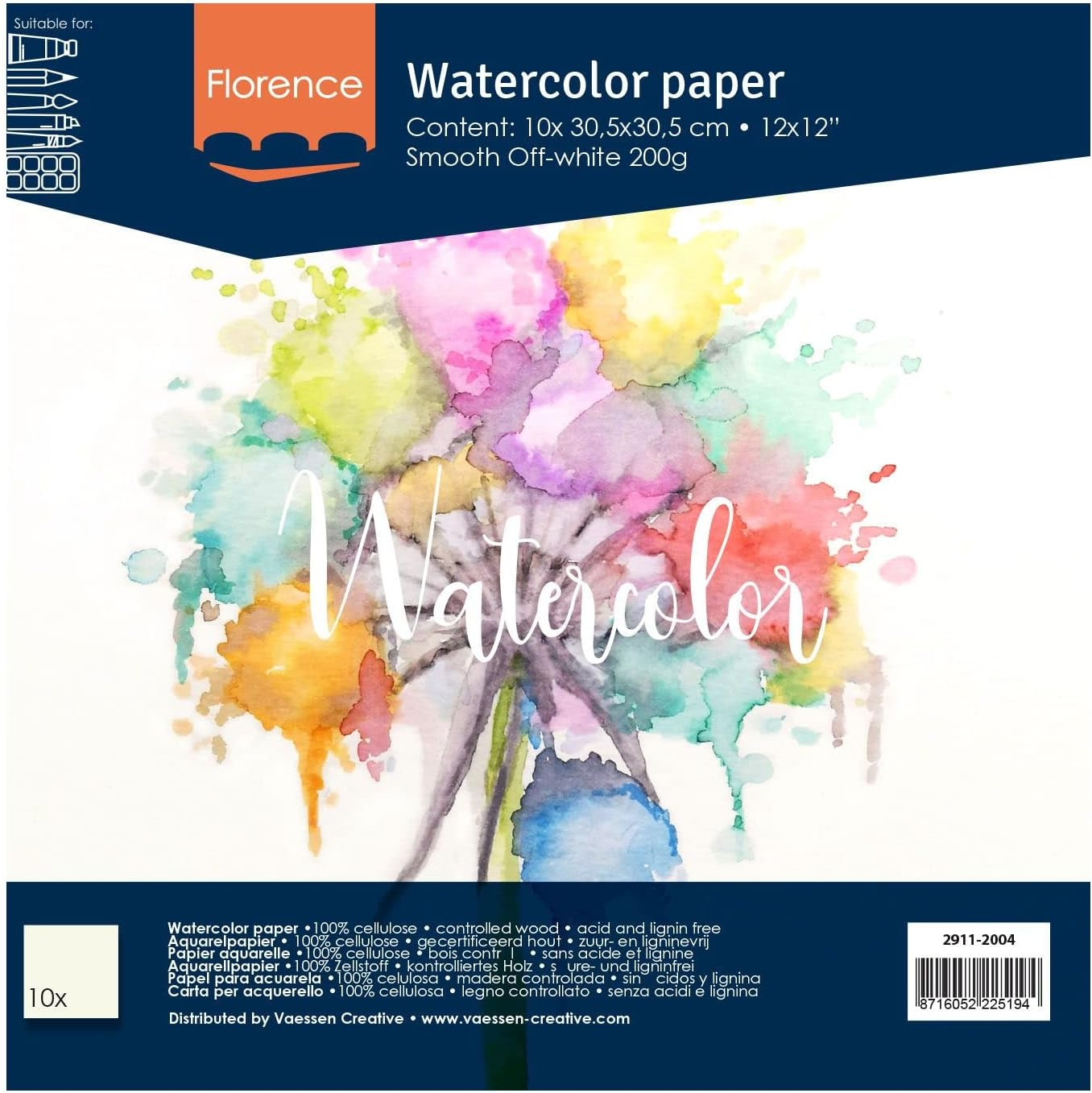 Vaessen Creative Florence Watercolour Paper 12X12 in Ivory, 300 GSM, Artist Grade Quality, Smooth Surface, 50 Sheets for Scrapbooking, Painting, Handlettering, Art Projects, 12 X 12
