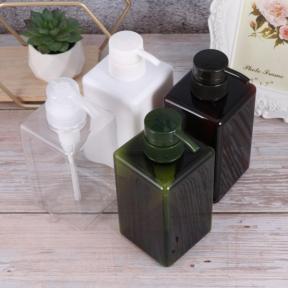 4Pcs 450Ml Pump Bottles Set for Shower Gel and Shampoo Storage, Refillable Empty Containers in Brown, White, Dark Green, for Travel and Home Use image number 6