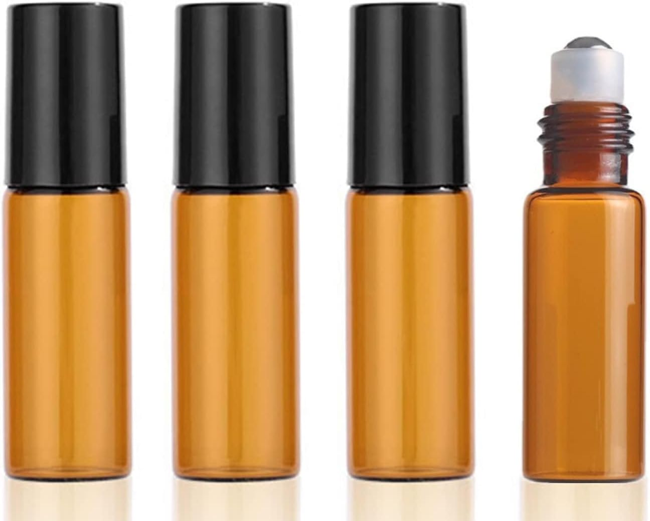 Dreamaug 4Pcs 5Ml Amber Glass Roller Bottles with Black Metal Roller Balls - Empty Essential Oil Roll-On Bottles for Aromatherapy, Perfumes, and Massage image number 2