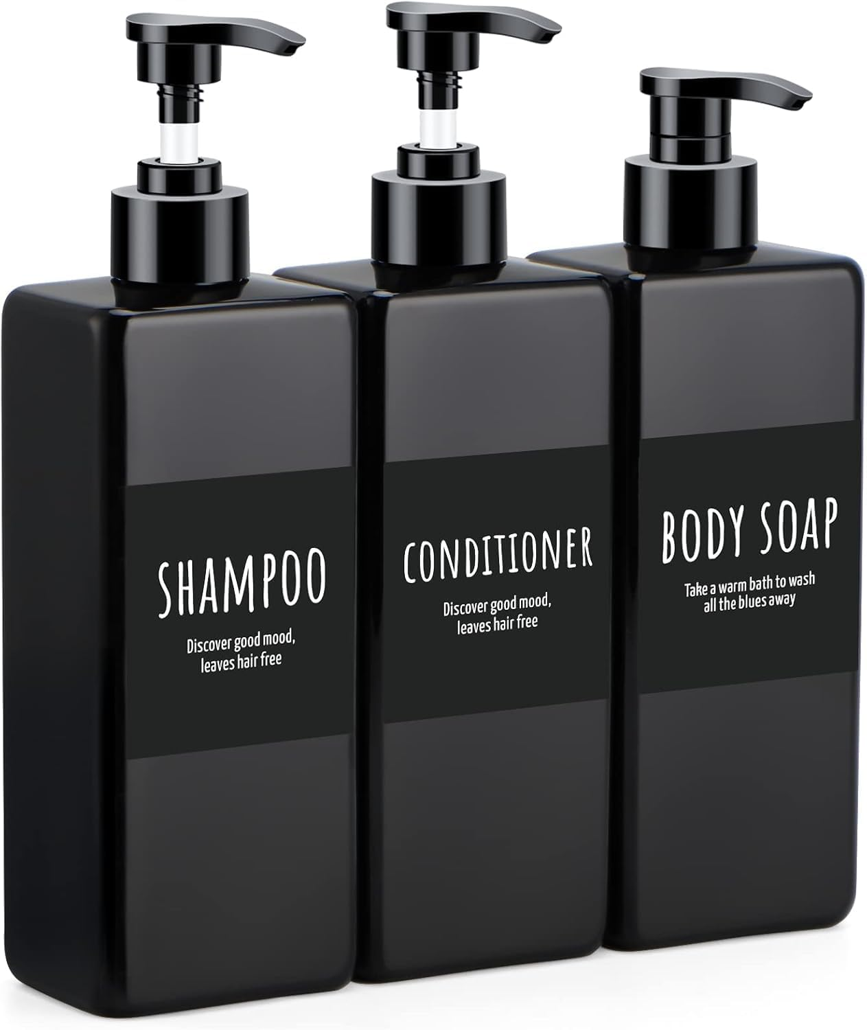 Shampoo and Conditioner Dispenser, Refillable Plastic Shampoo Pump Bottles with Waterproof Labels, Empty Body Wash Dispenser Set for Bathroom, Shower Soap Bottles (Black, Set of 3, 16.9Oz) image number 3