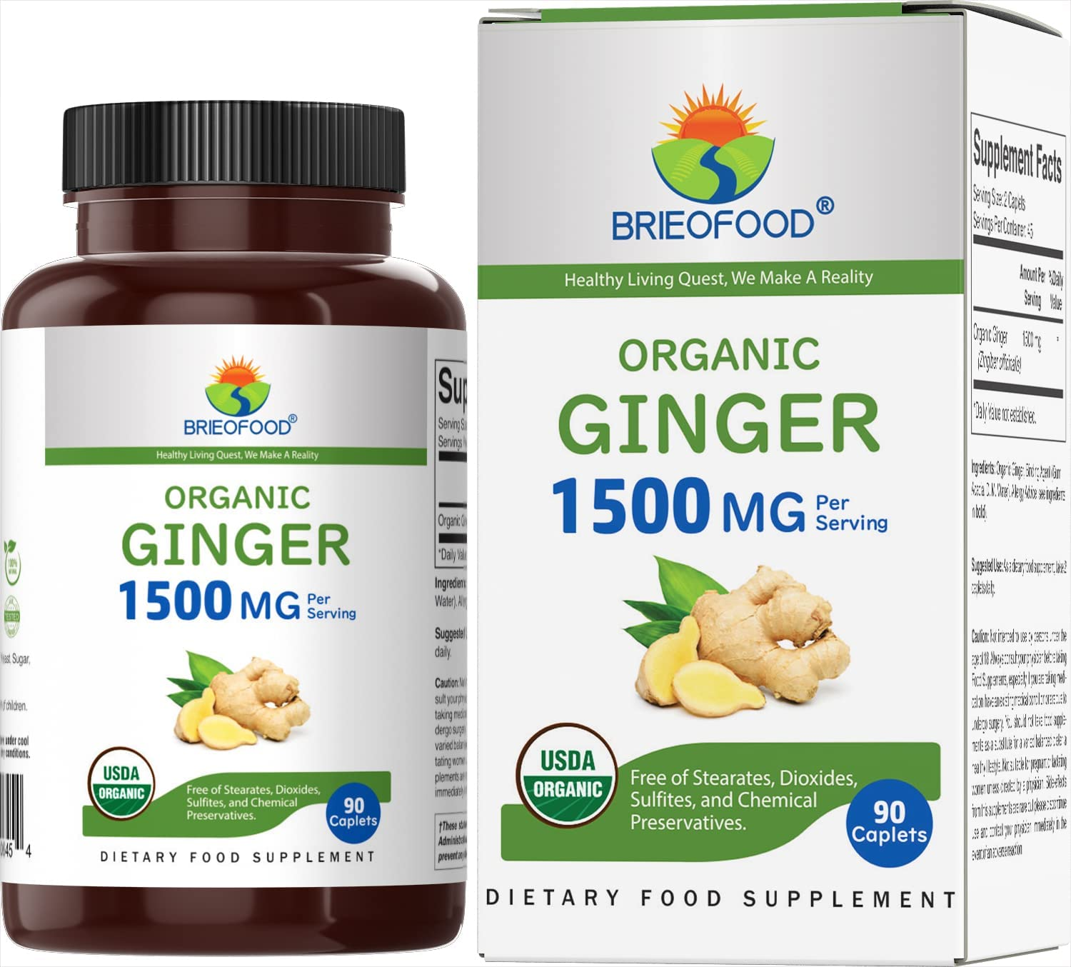 Brieofood Organic Ginger 1500Mg, 45 Servings, Vegetarian, Gluten Free, 90 Vegetarian Tablets image number 5